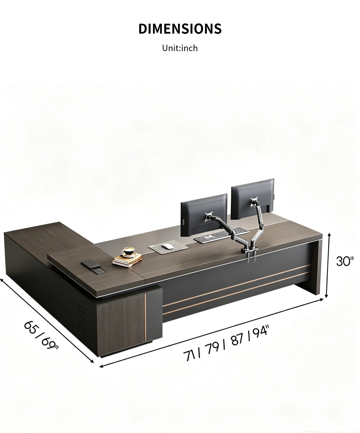 L-Shaped Executive Desk with Side Storage, Built-In Outlets & Cable Management — Detail image 8