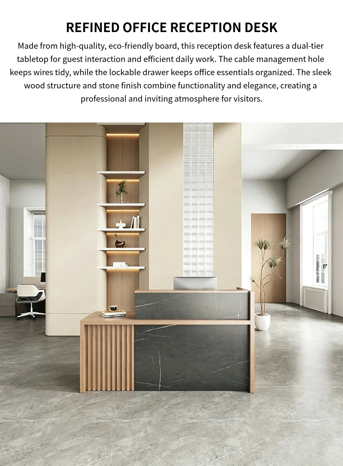 Salon Reception Desk 71-94 in Wide with Cable Management, Lockable & Lumbar Support — Detail image 1
