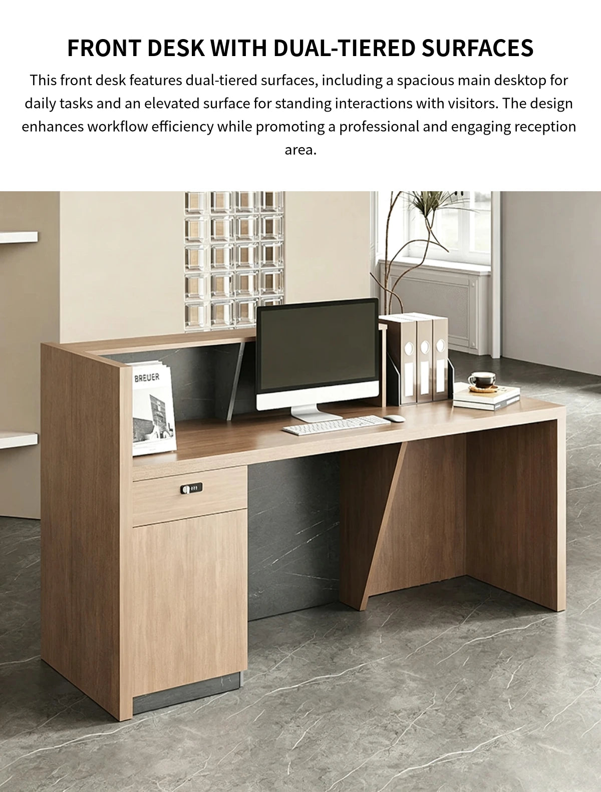 Salon Reception Desk 71-94 in Wide with Cable Management, Lockable & Lumbar Support — Detail image 3