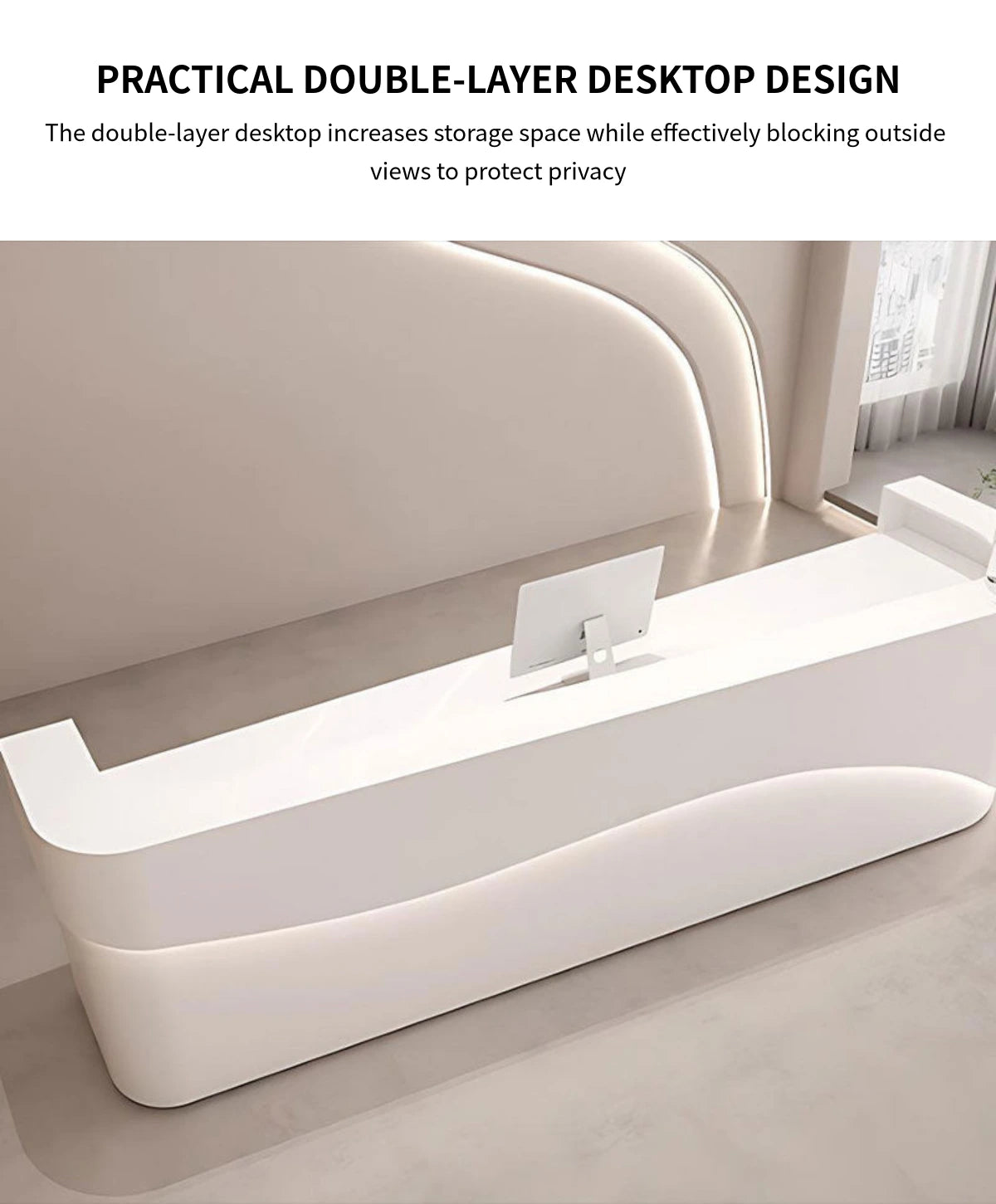 Curved Reception Desk 79-142 in Wide with File Drawers, LED Lighting & Transaction Counter — Detail image 6