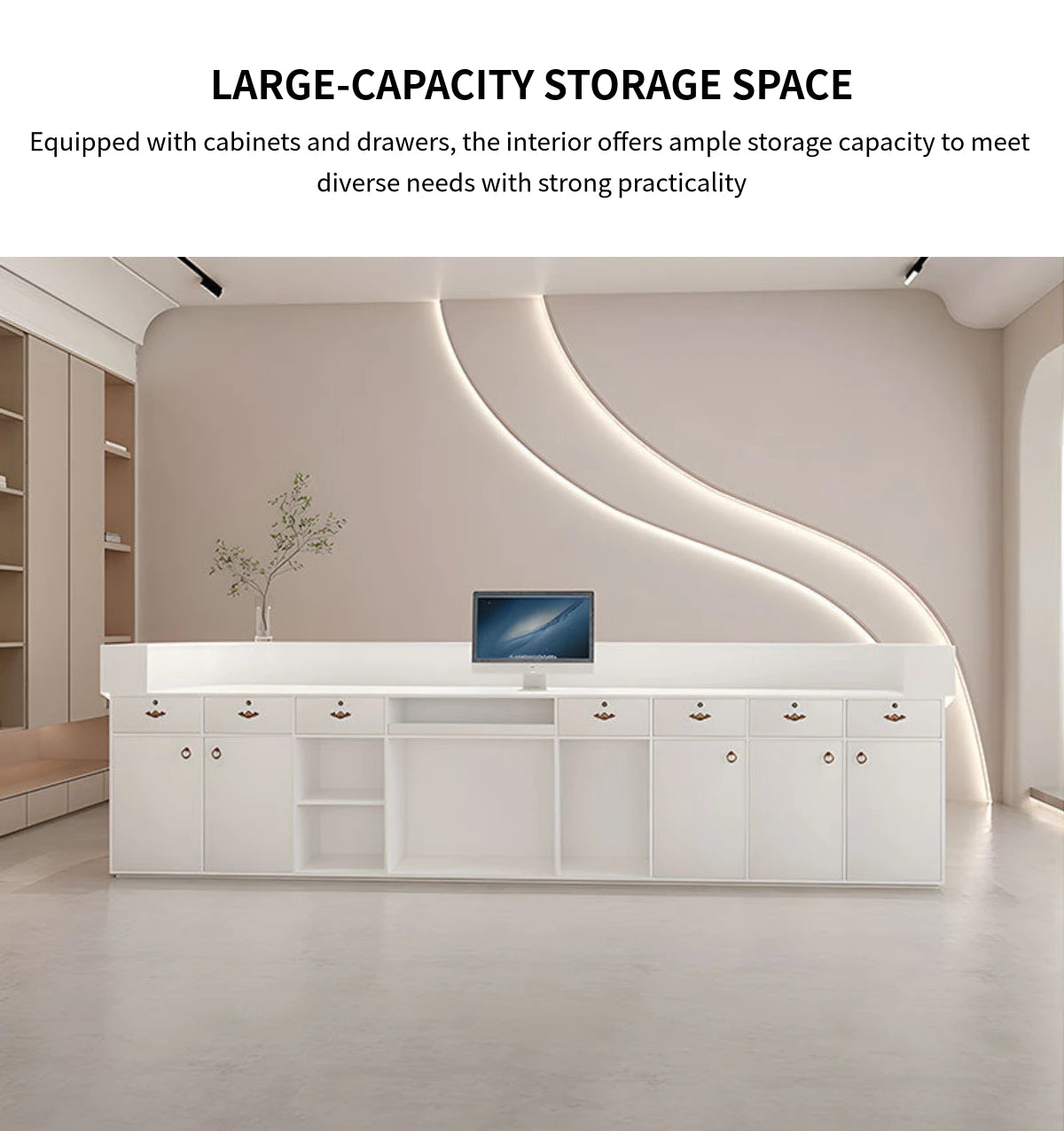 Curved Reception Desk 79-142 in Wide with File Drawers, LED Lighting & Transaction Counter — Detail image 7