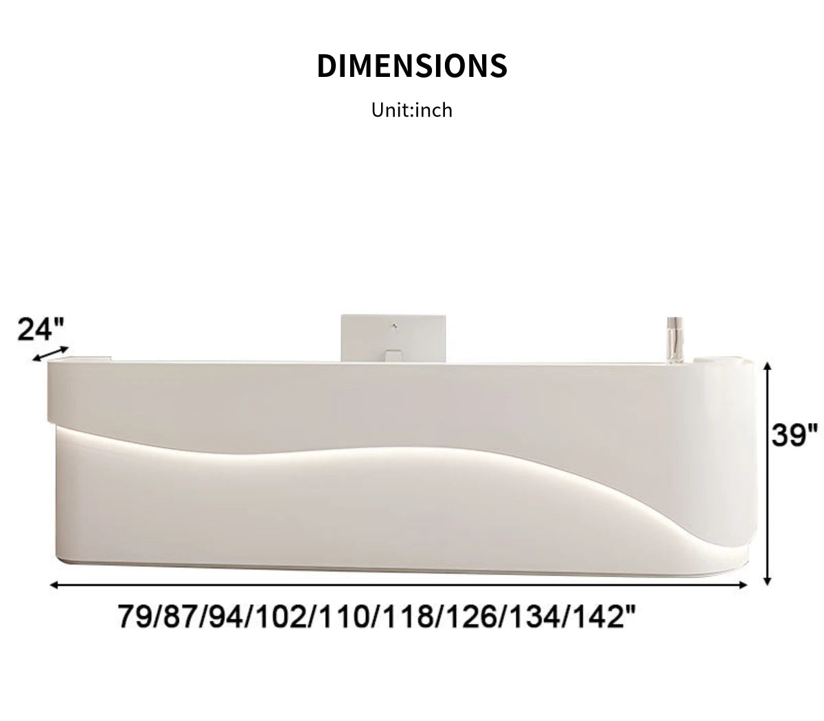 Curved Reception Desk 79-142 in Wide with File Drawers, LED Lighting & Transaction Counter — Detail image 11