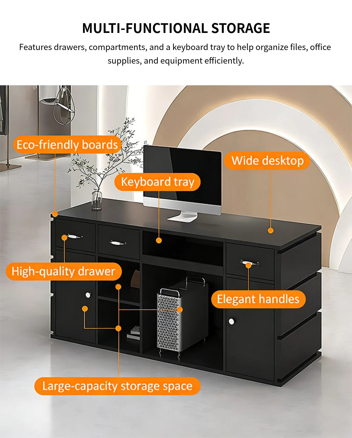 Modern Reception Desk with Keyboard Tray & File Drawers for Office Lobby — Detail image 4