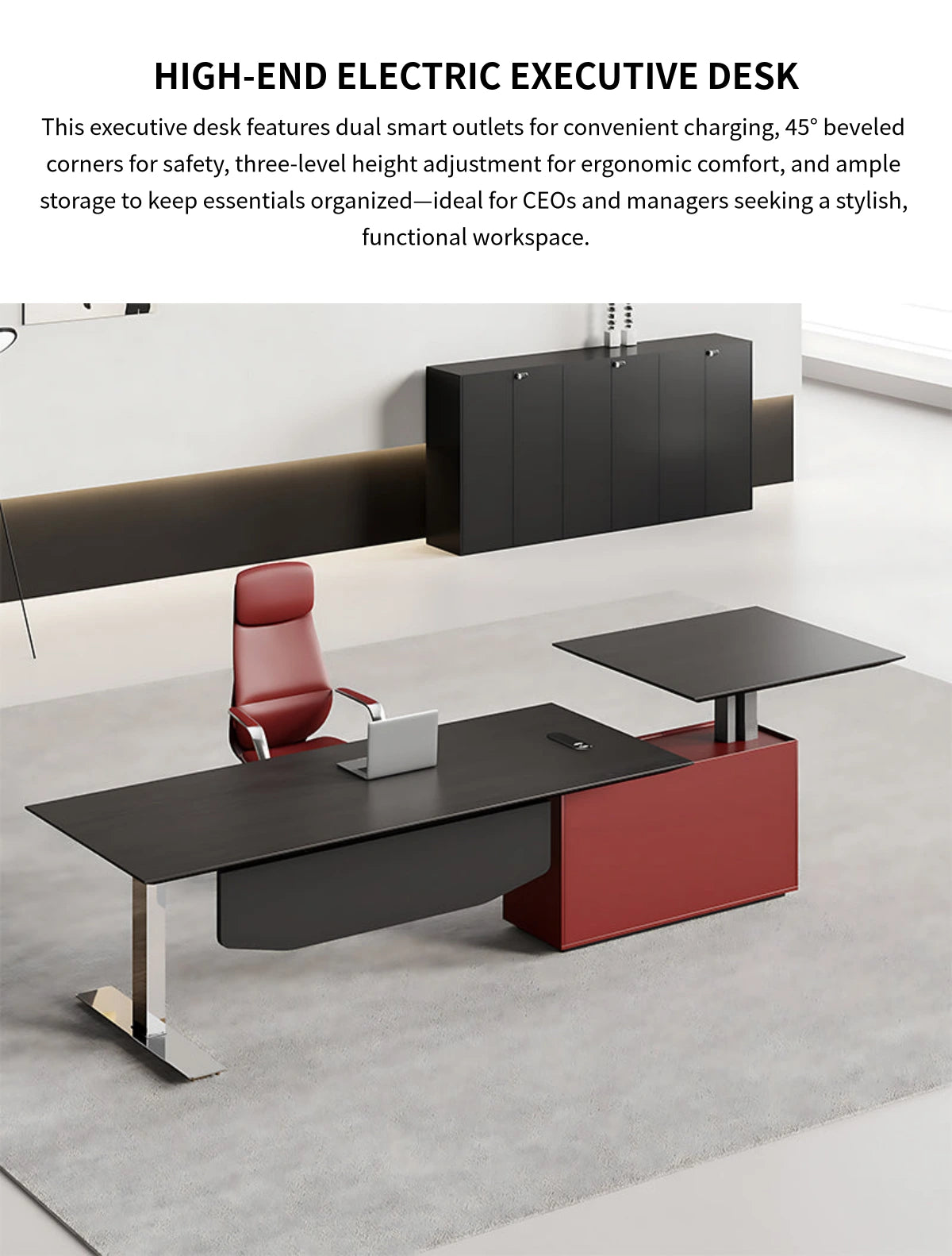 Executive Desk 94-126 in Wide with Built-In Outlets, Wireless Charging & Cable Management — Detail image 1