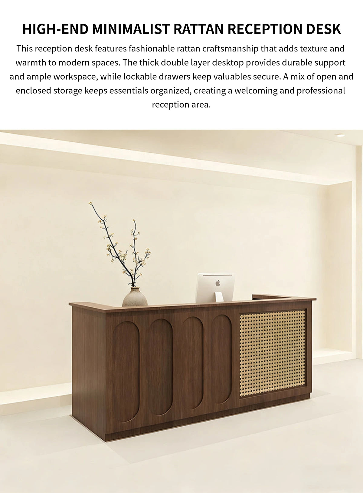 Modern Reception Desk with Rattan, File Drawers & Lockable for Office Lobby — Detail image 1