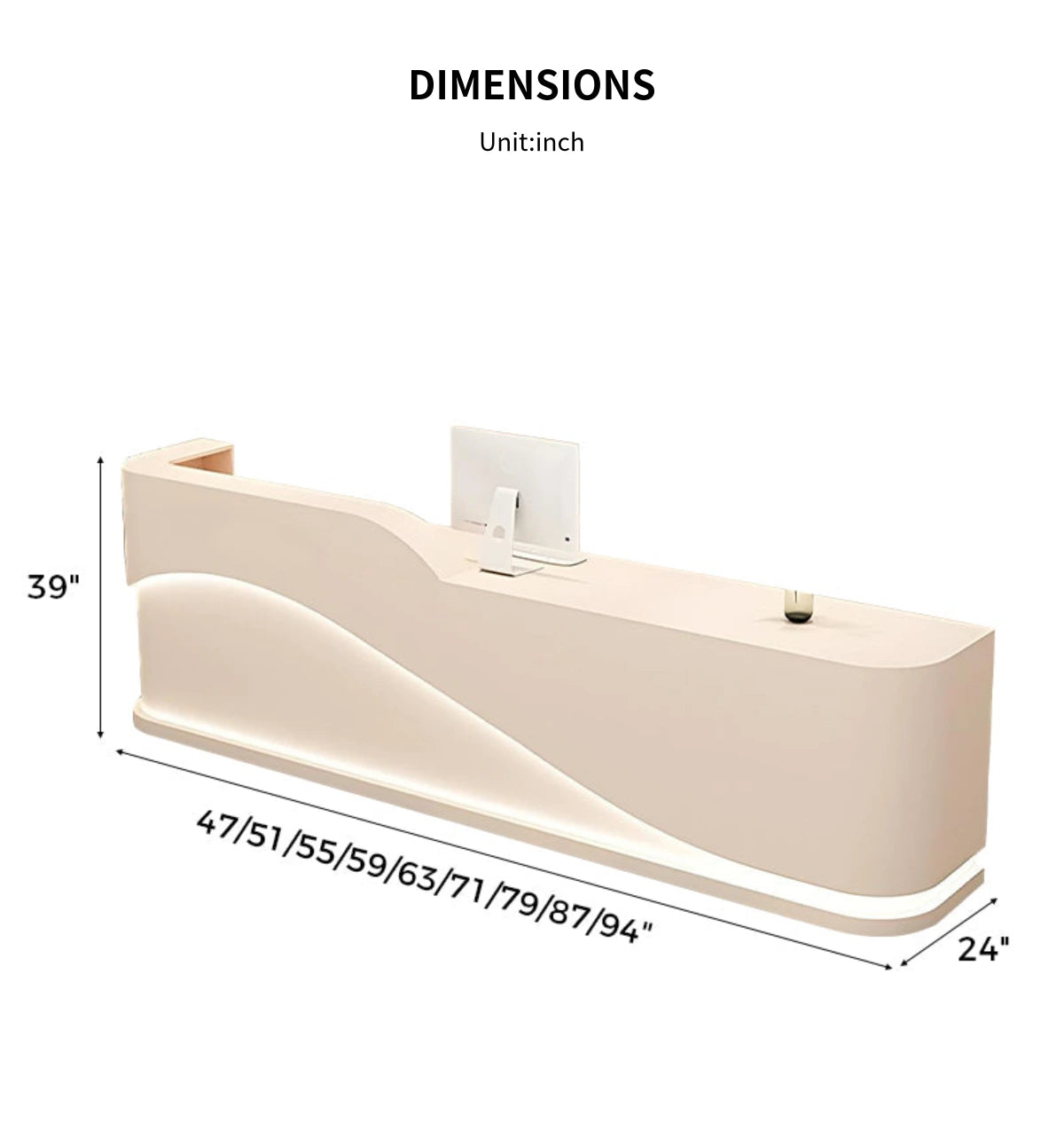 Curved Reception Desk 47-94 in Wide with Keyboard Tray, File Drawers & LED Lighting — Detail image 12