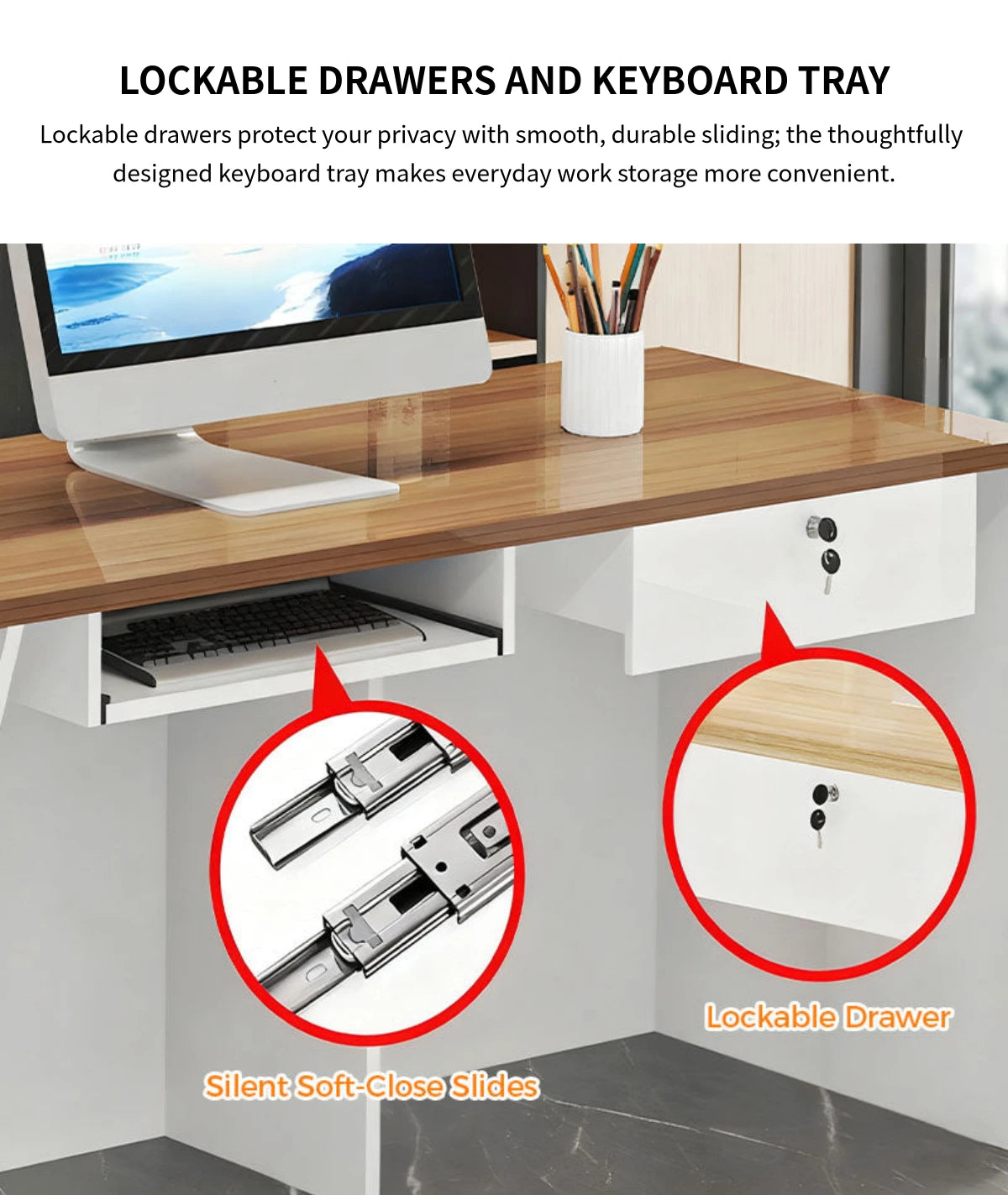 Modern Reception Desk with Keyboard Tray, Lockable & LED Lighting for Office Lobby — Detail image 9
