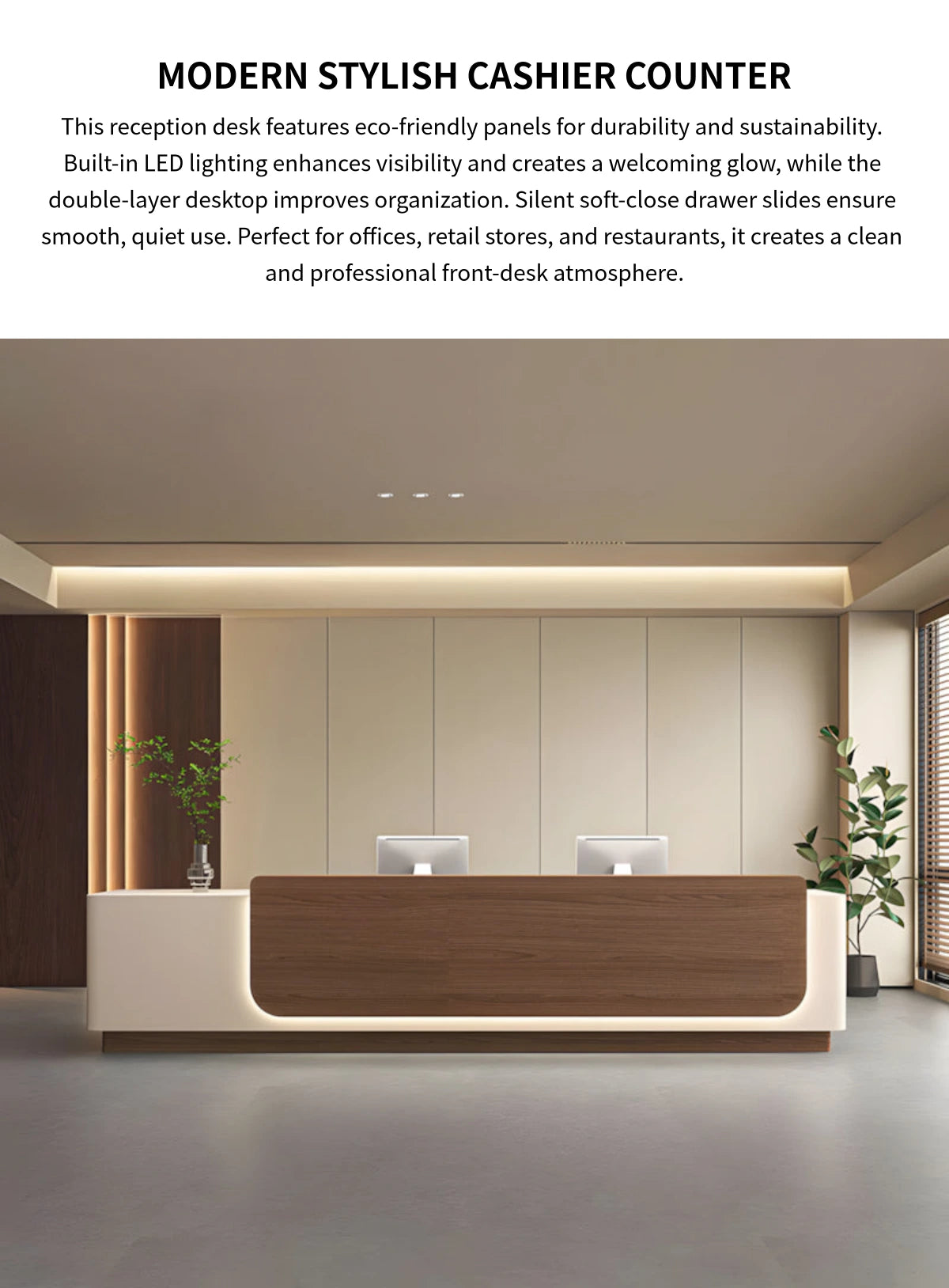 Retail Reception Desk 63-157 in Wide with File Drawers, LED Lighting & Transaction Counter — Detail image 1