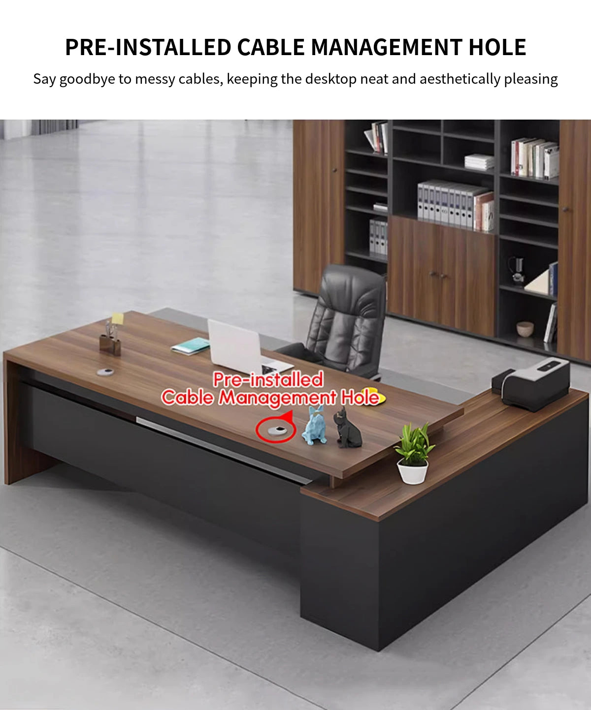 Modern Executive Desk with Cable Management, Side Storage & Privacy Panel for Home Office — Detail image 4