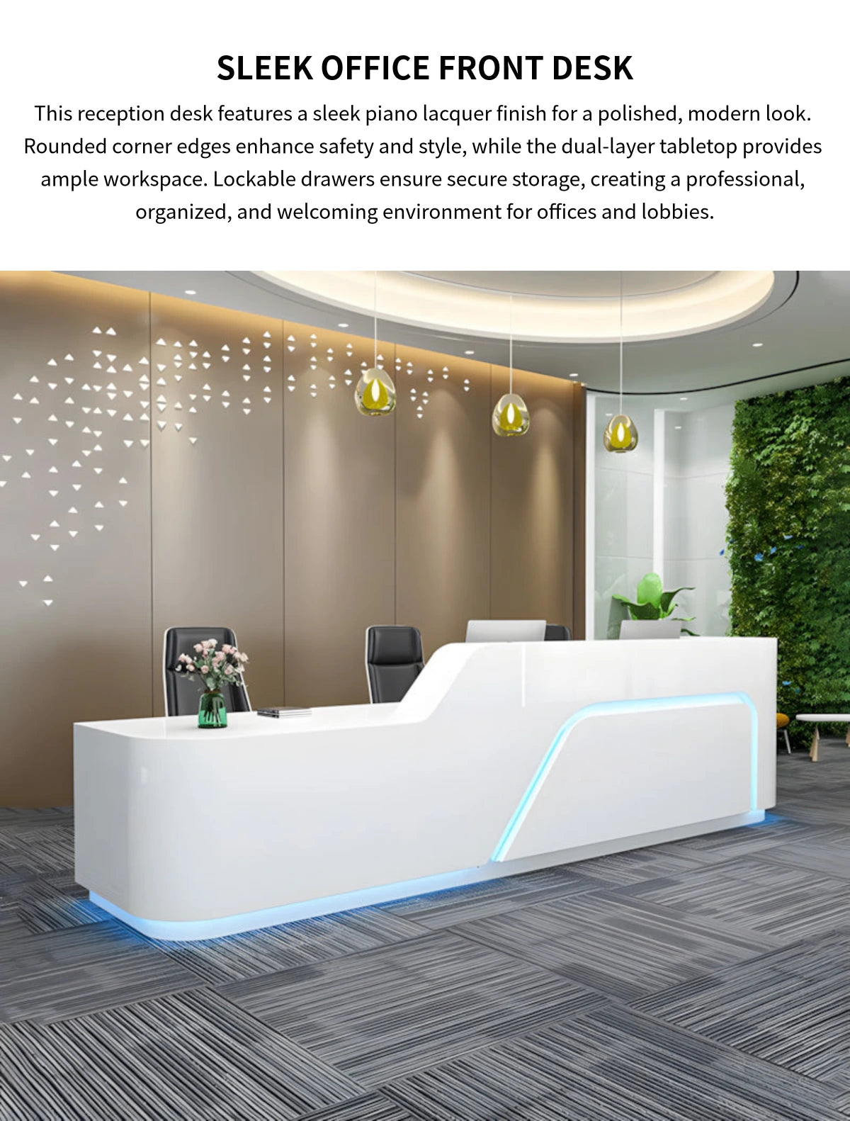 Curved Reception Desk 63-197 in Wide with Keyboard Tray, Lockable & File Drawers for Salon — Detail image 1