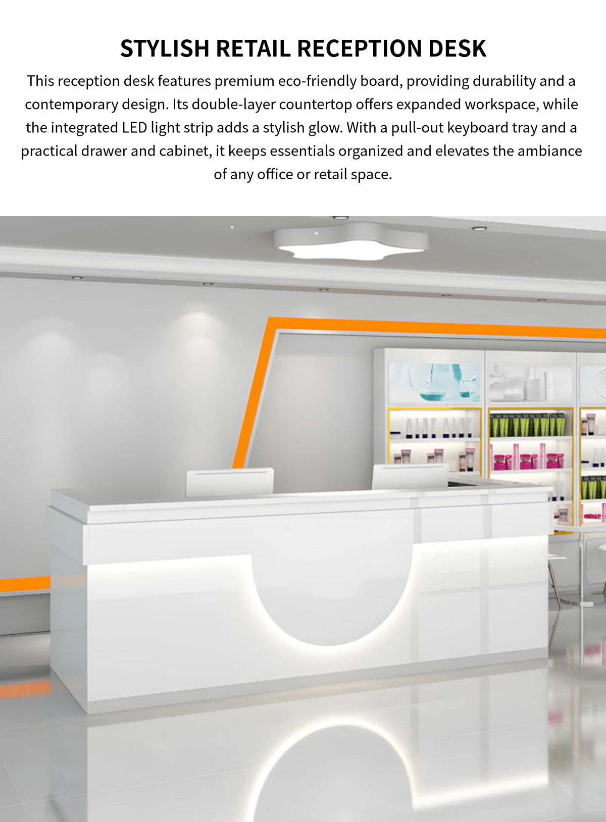 Curved Reception Desk 39-181 in Wide with Dual-Tone, Lockable & File Drawers for Retail — Detail image 1
