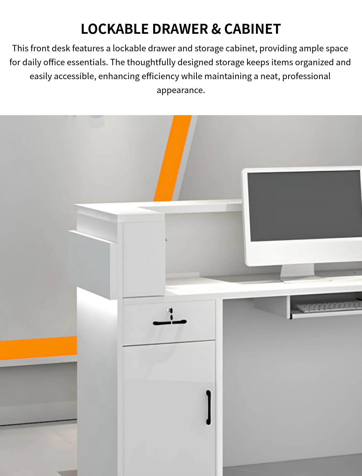 Curved Reception Desk 39-181 in Wide with Dual-Tone, Lockable & File Drawers for Retail — Detail image 6