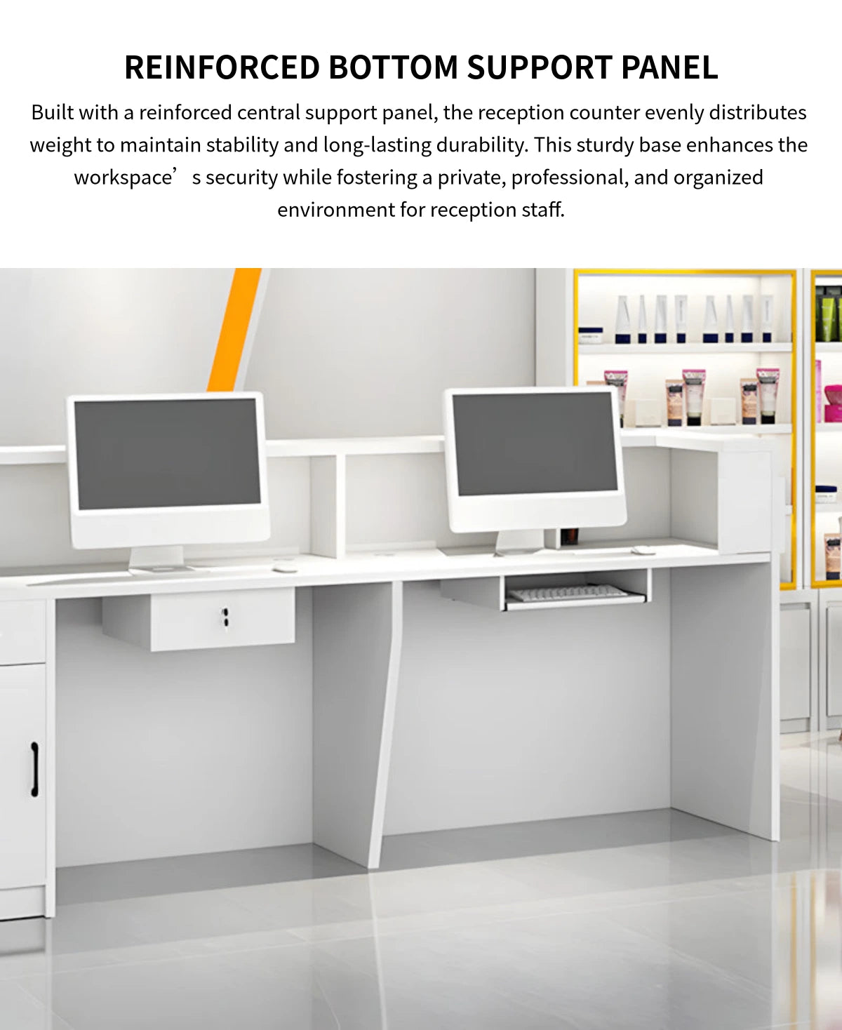 Curved Reception Desk 39-181 in Wide with Dual-Tone, Lockable & File Drawers for Retail — Detail image 7