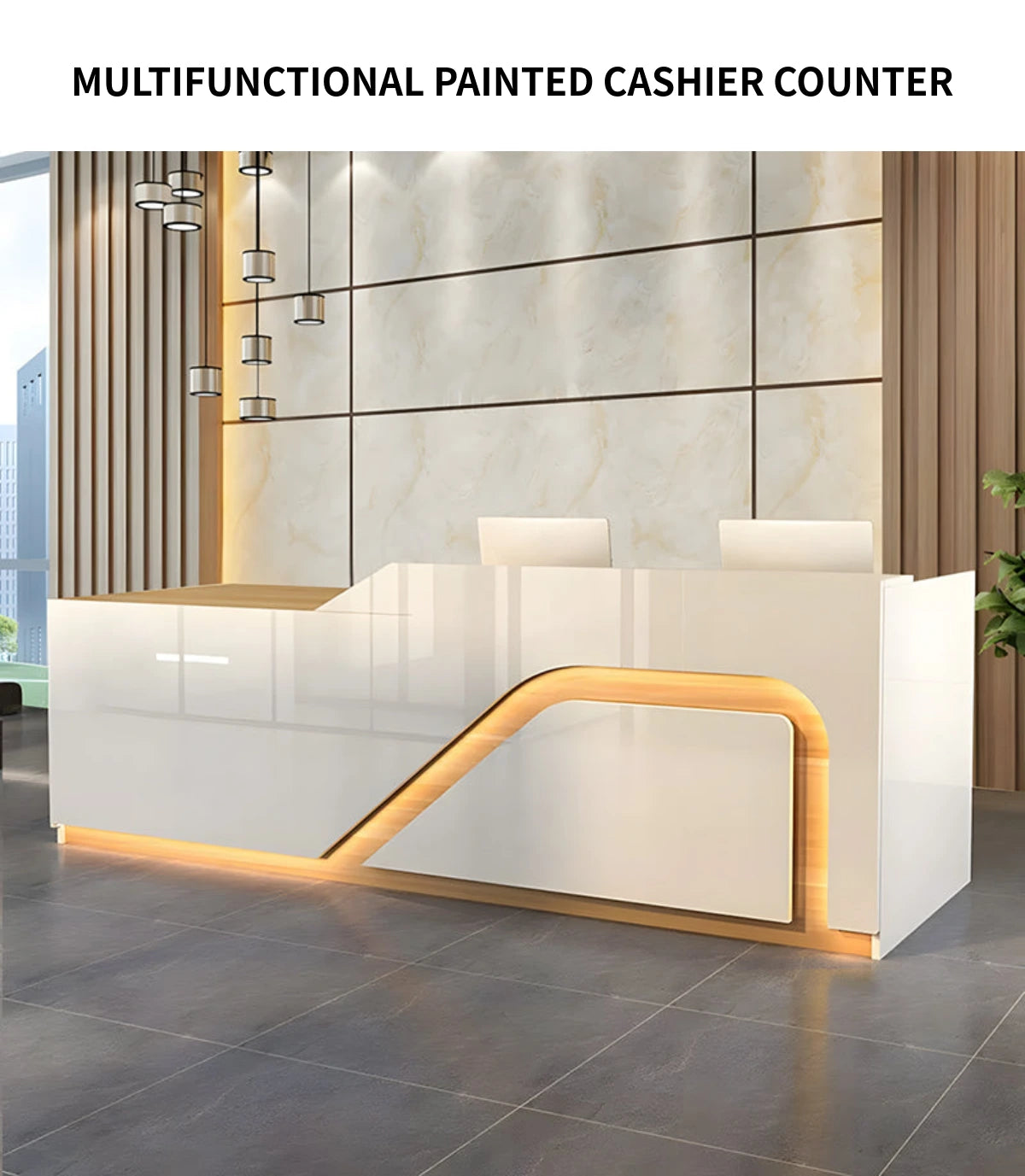 Curved Reception Desk 79-126 in Wide with LED Lighting, Lockable & Keyboard Tray — Detail image 2
