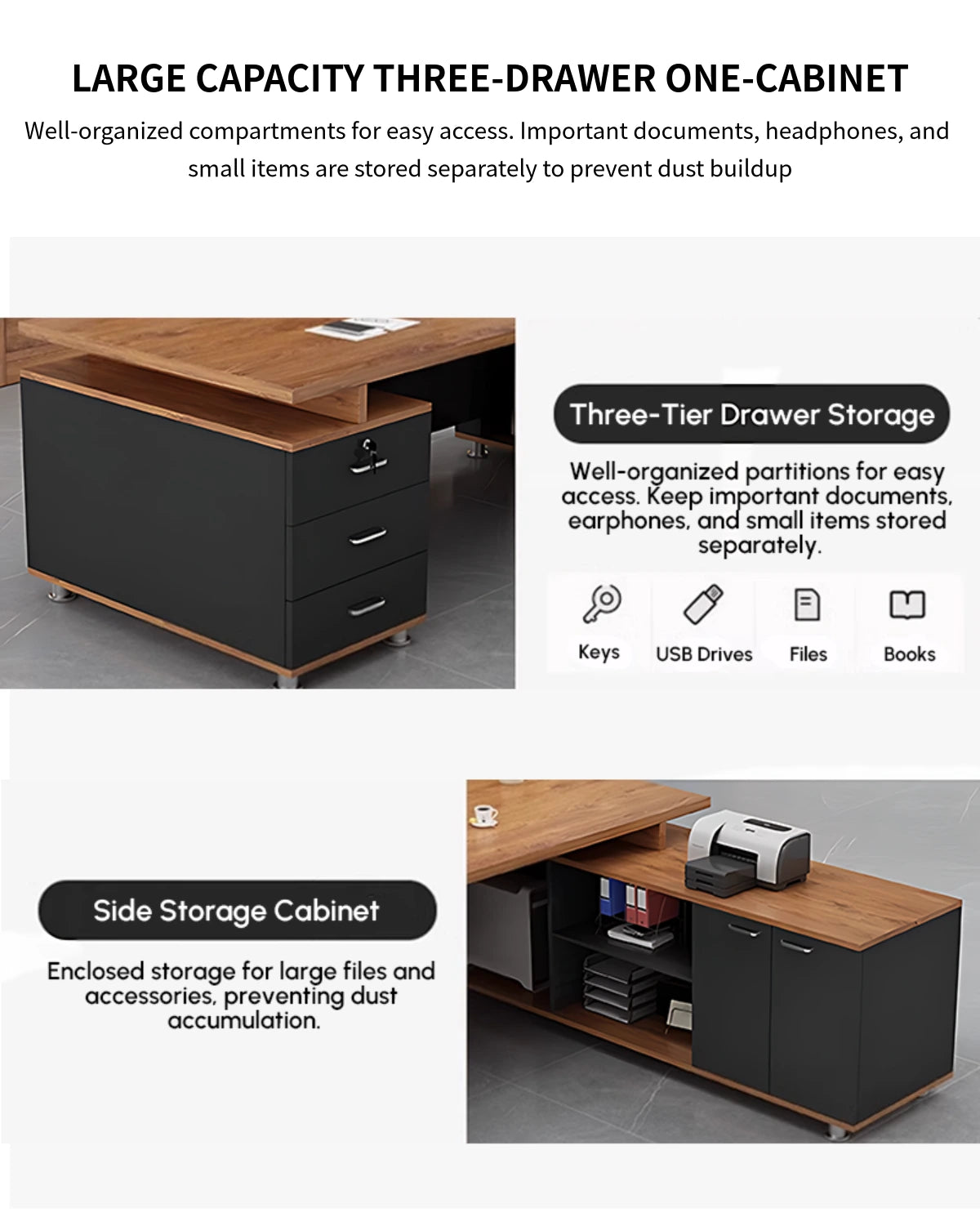 Modern Executive Desk with File Drawers, Privacy Panel & Cable Management for Home Office — Detail image 10