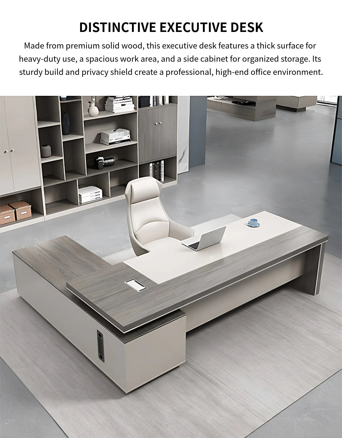 Modern Executive Desk with Solid Wood, Cable Management & Side Storage for Home Office — Detail image 1