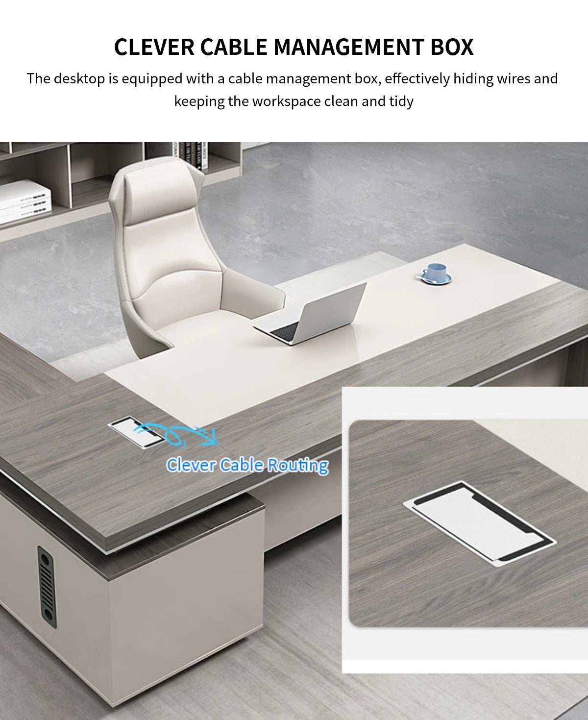 Modern Executive Desk with Solid Wood, Cable Management & Side Storage for Home Office — Detail image 4