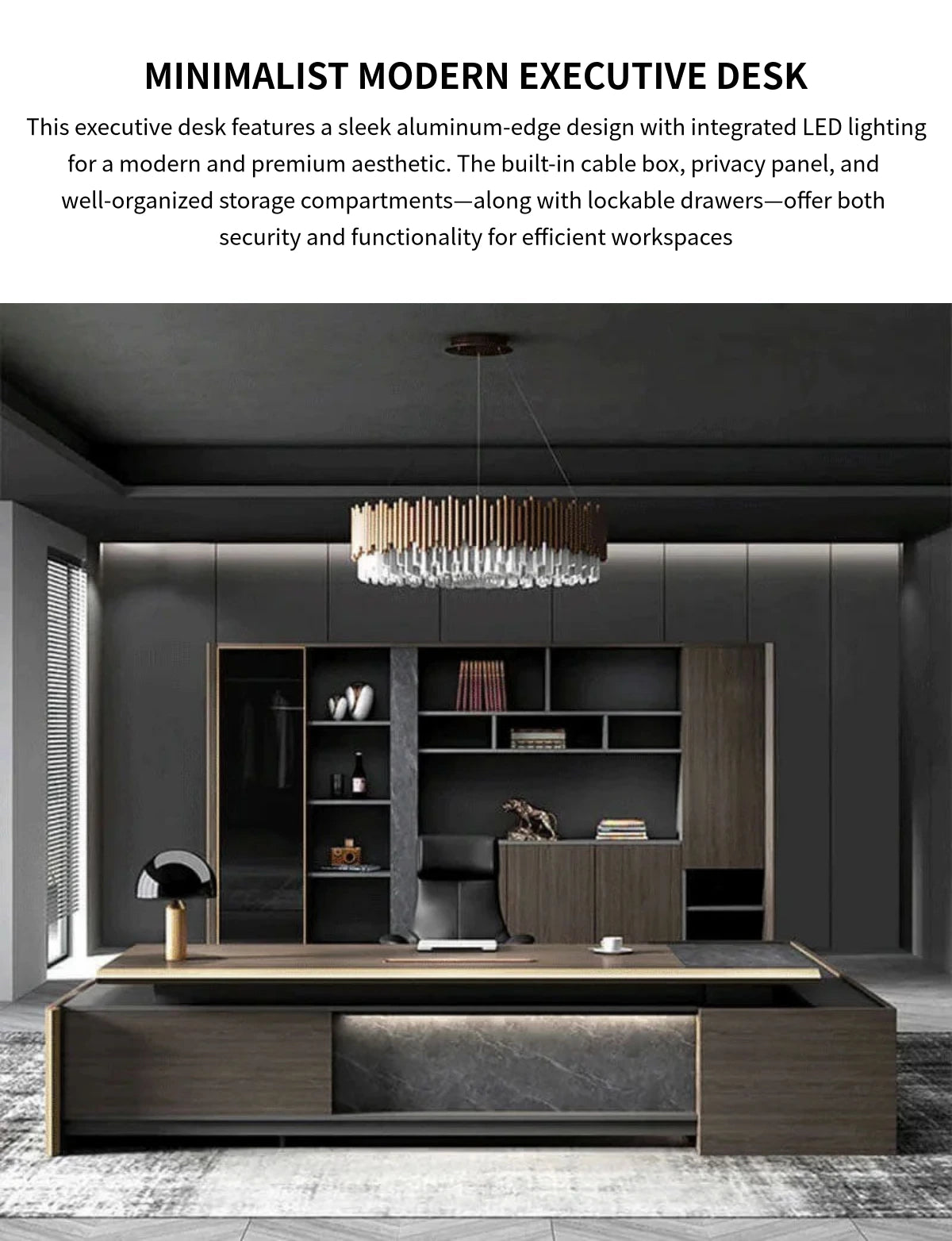Modern Executive Desk with Cable Management, LED Lighting & Lockable for Home Office — Detail image 1