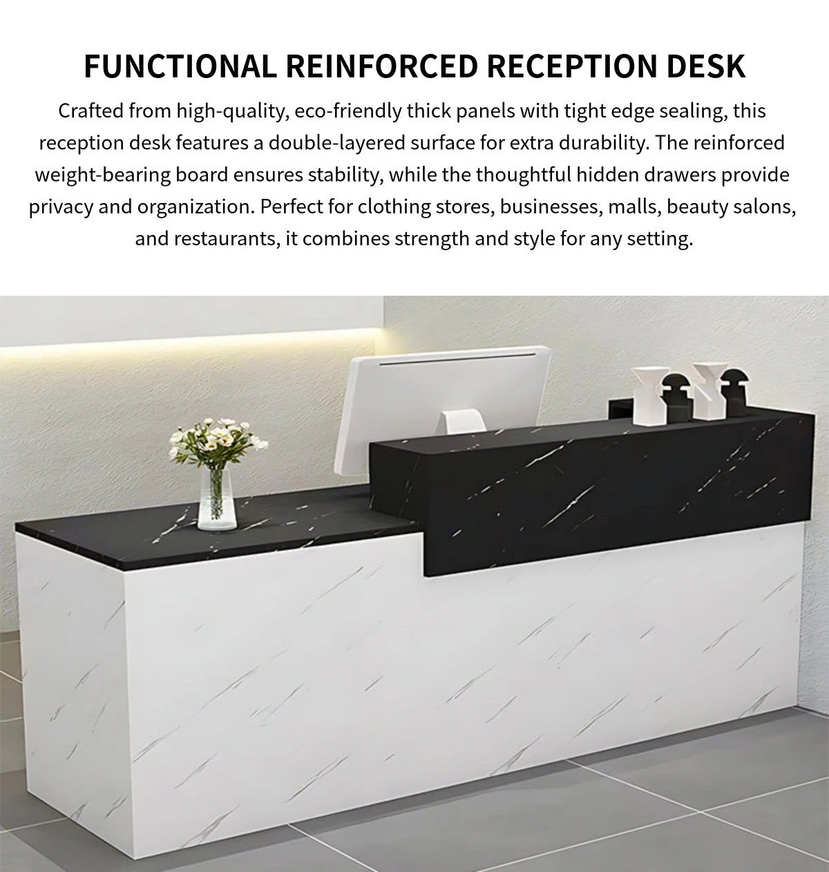 Salon Reception Desk 39-157 in Wide with Keyboard Tray, Lockable & File Drawers for Salon — Detail image 1