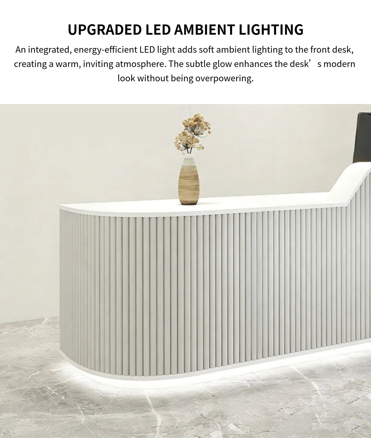 Curved Reception Desk 55-134 in Wide with File Drawers, Fluted Front & LED Lighting — Detail image 3