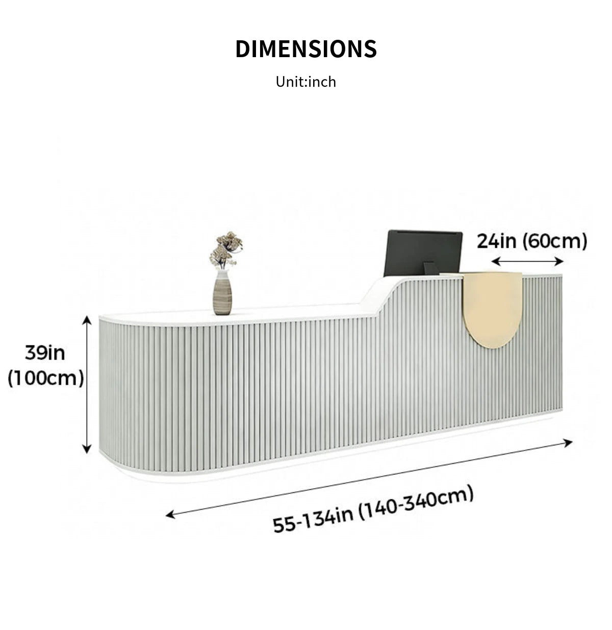 Curved Reception Desk 55-134 in Wide with File Drawers, Fluted Front & LED Lighting — Detail image 14