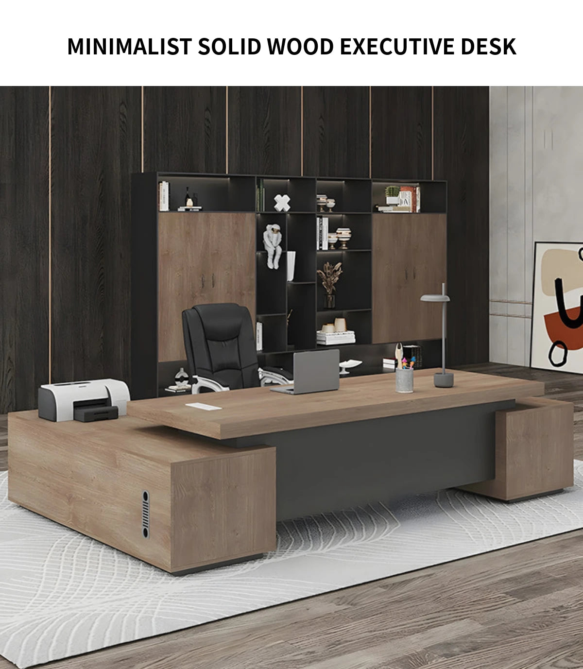 Modern Executive Desk with Solid Wood, Cable Management & Side Storage for Home Office — Detail image 2