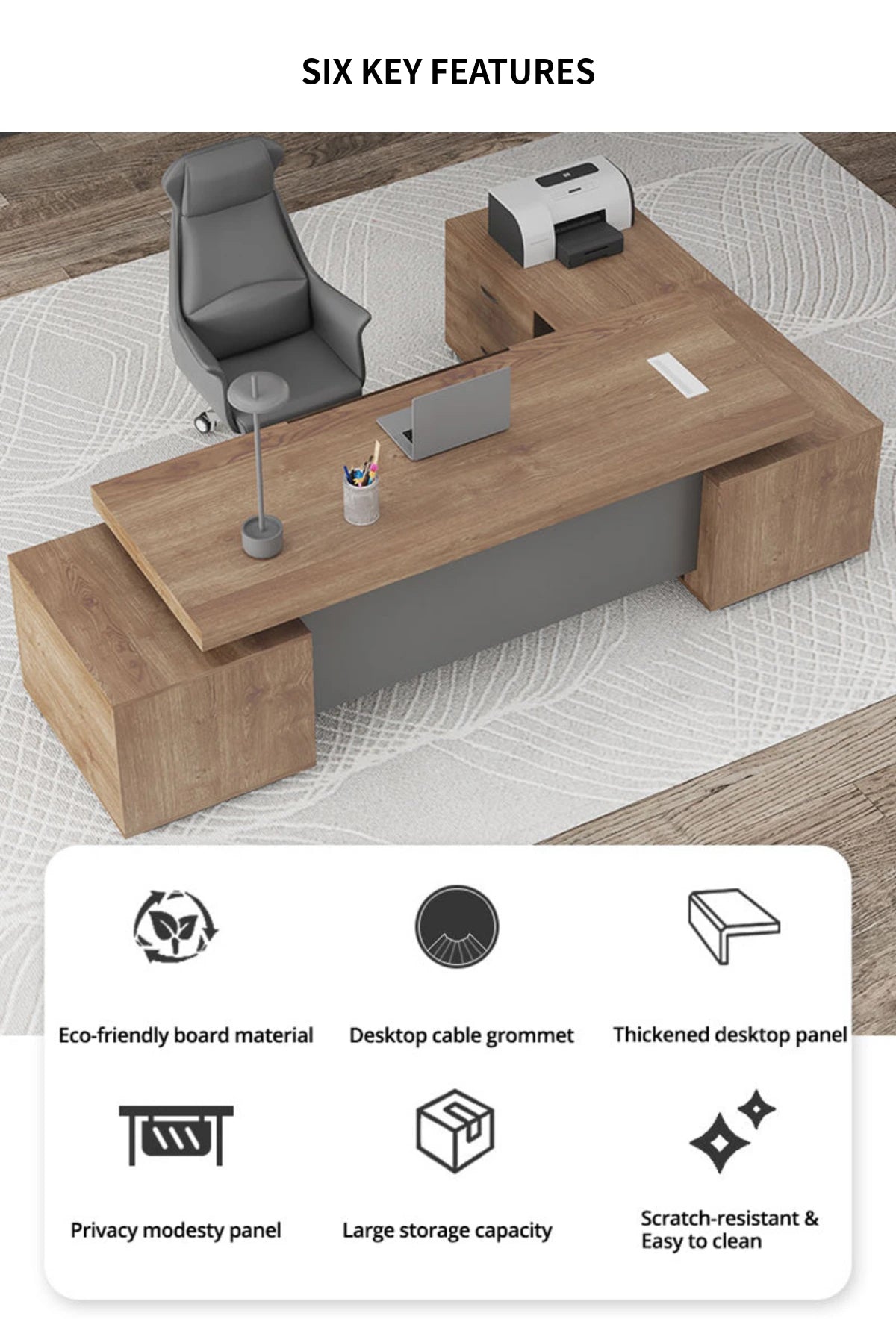 Modern Executive Desk with Solid Wood, Cable Management & Side Storage for Home Office — Detail image 3