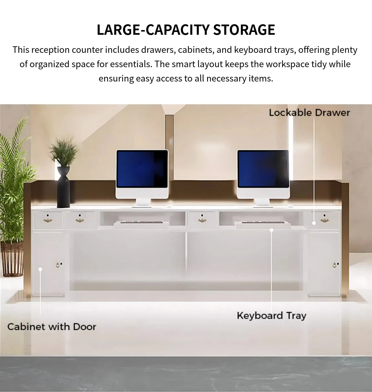 Salon Reception Desk 59-157 in Wide with Stainless Steel, File Drawers & Keyboard Tray — Detail image 6
