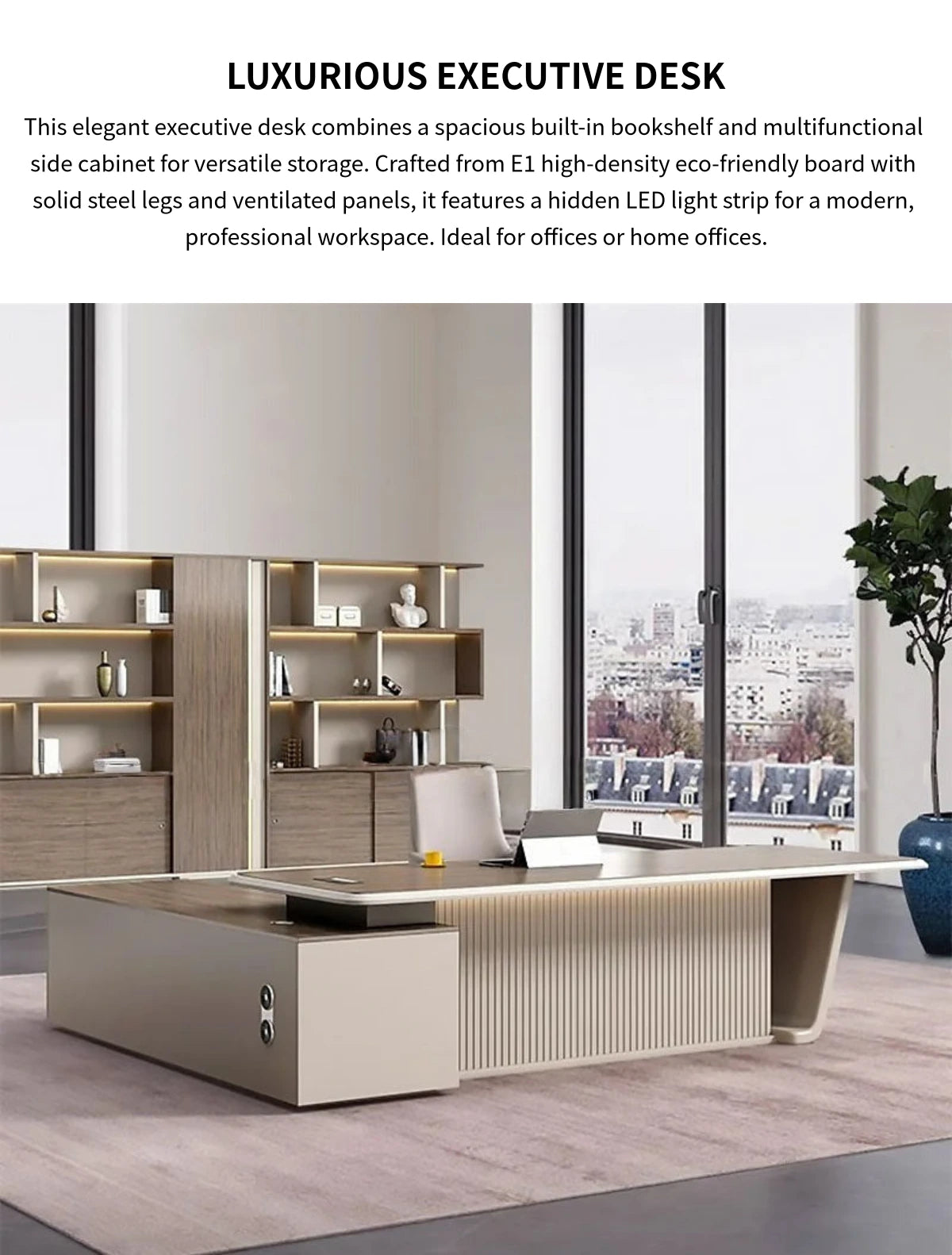 Modern Executive Desk with Built-In Outlets, LED Lighting & Side Storage for Home Office — Detail image 1