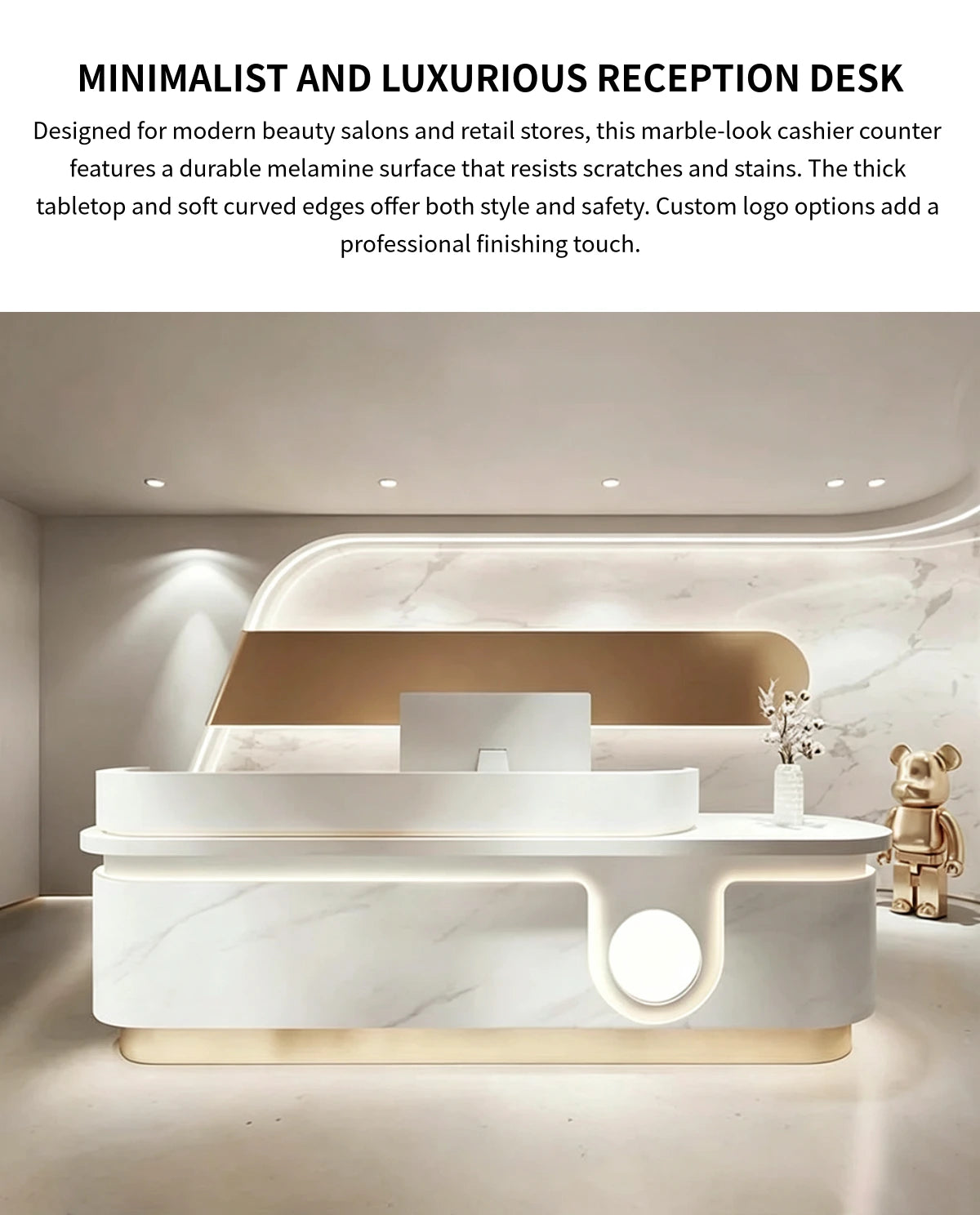 Curved Reception Desk 39-118 in Wide with Marble Top & Lumbar Support for Salon — Detail image 1