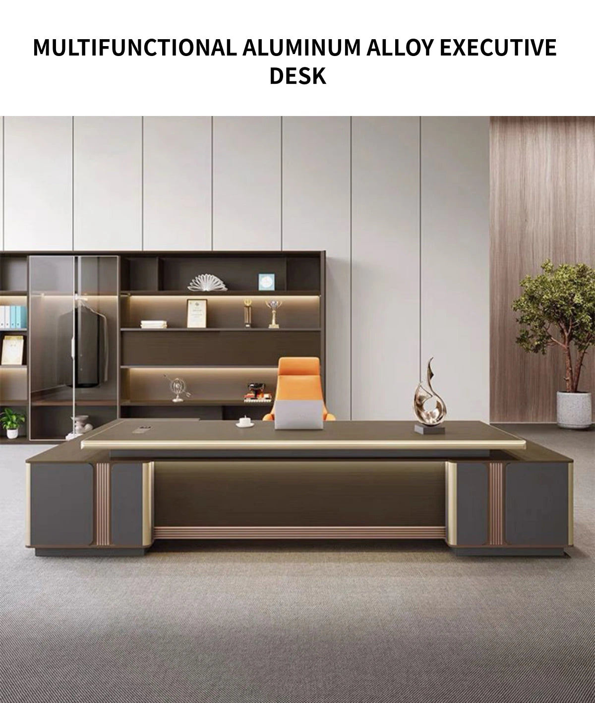 L-Shaped Executive Desk with File Drawers, Built-In Outlets & Cable Management — Detail image 1