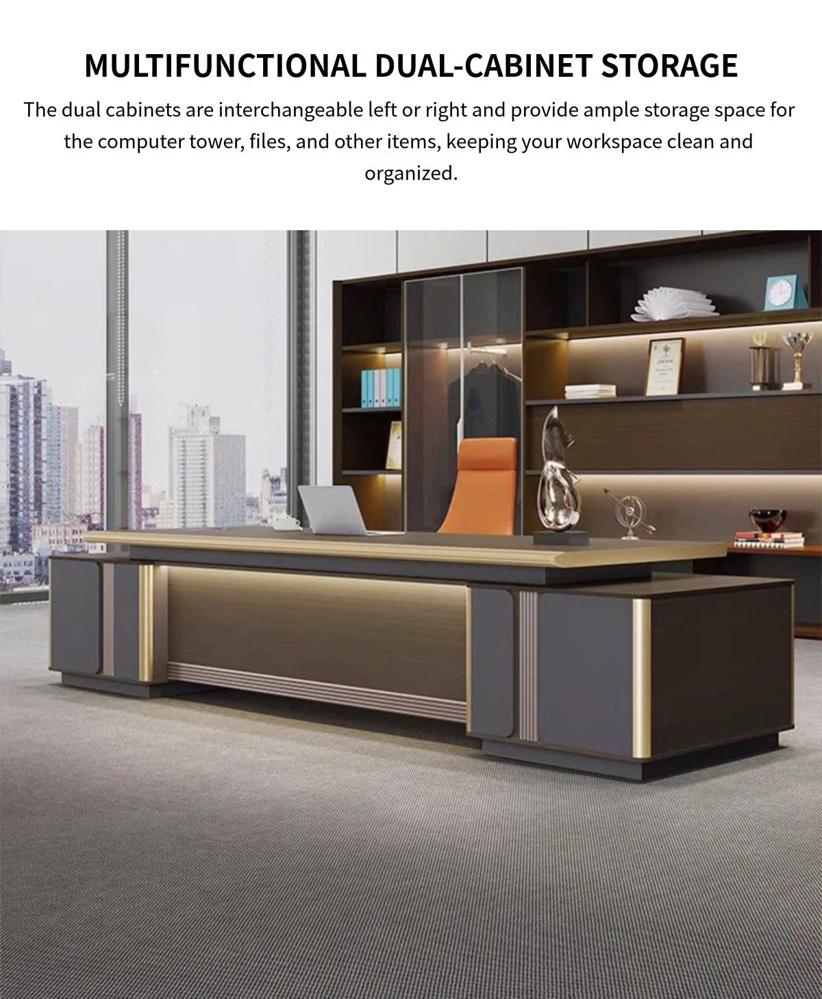 L-Shaped Executive Desk with File Drawers, Built-In Outlets & Cable Management — Detail image 3