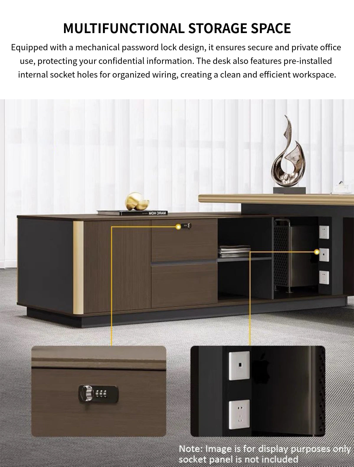 L-Shaped Executive Desk with File Drawers, Built-In Outlets & Cable Management — Detail image 9