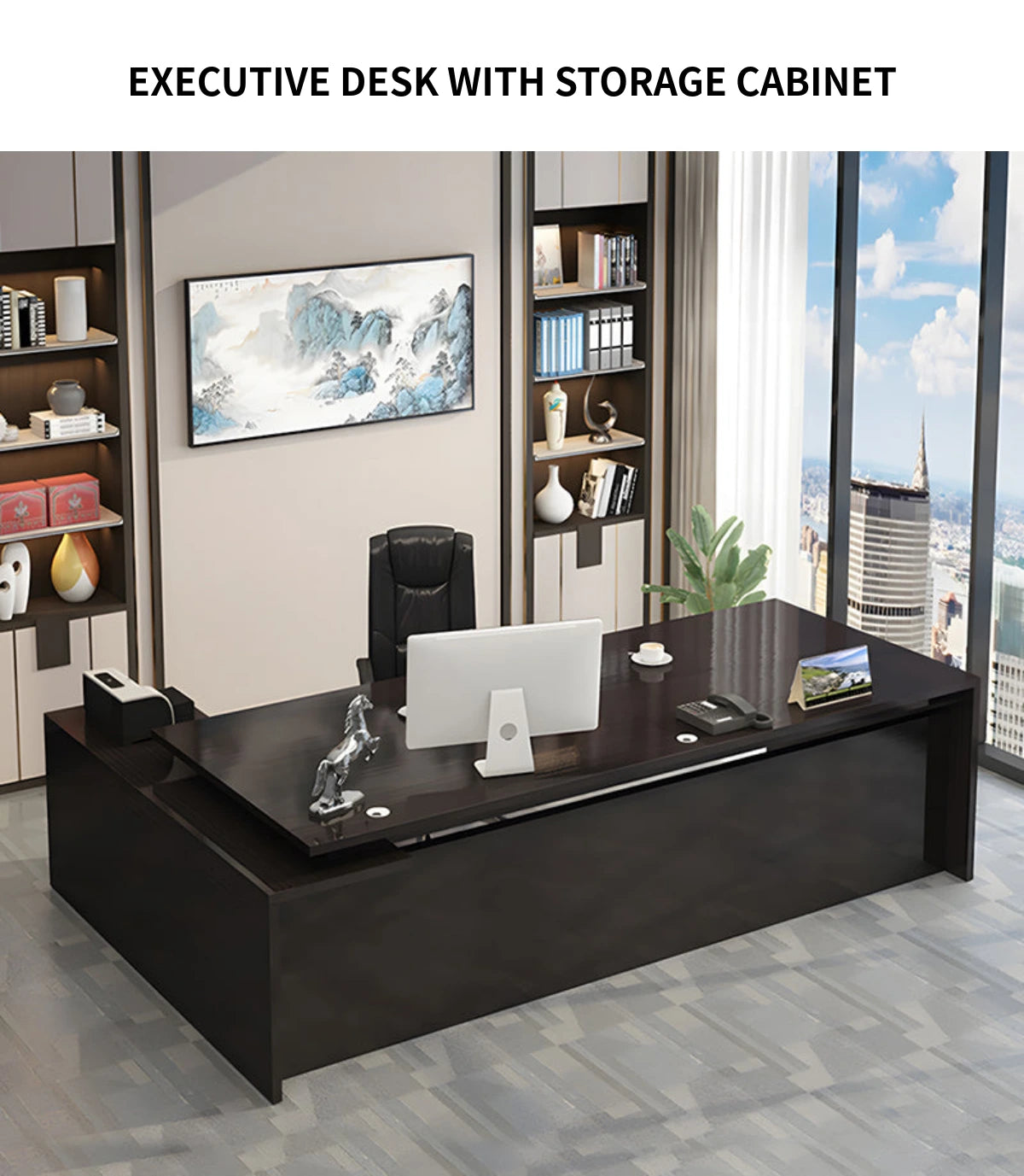 Modern Executive Desk with Solid Wood, Round & Cable Management for Home Office — Detail image 1