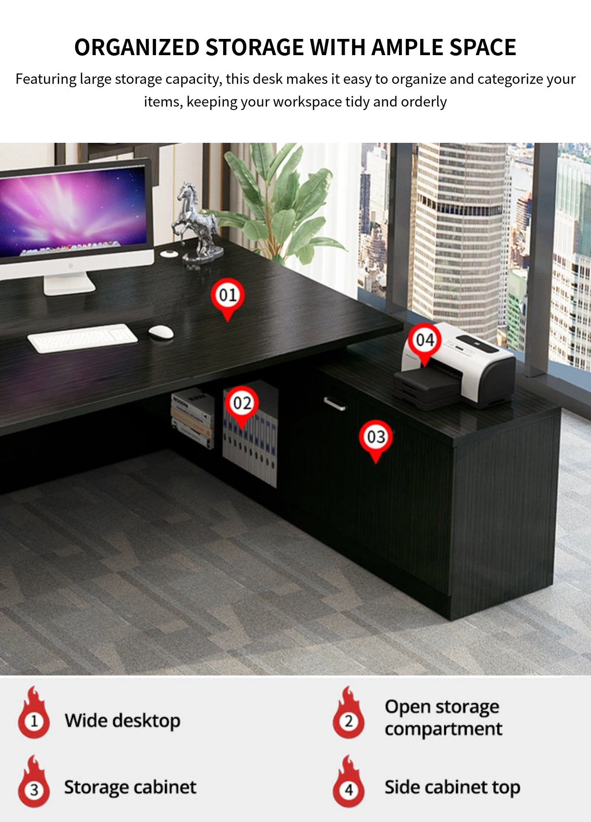 Modern Executive Desk with Solid Wood, Round & Cable Management for Home Office — Detail image 5