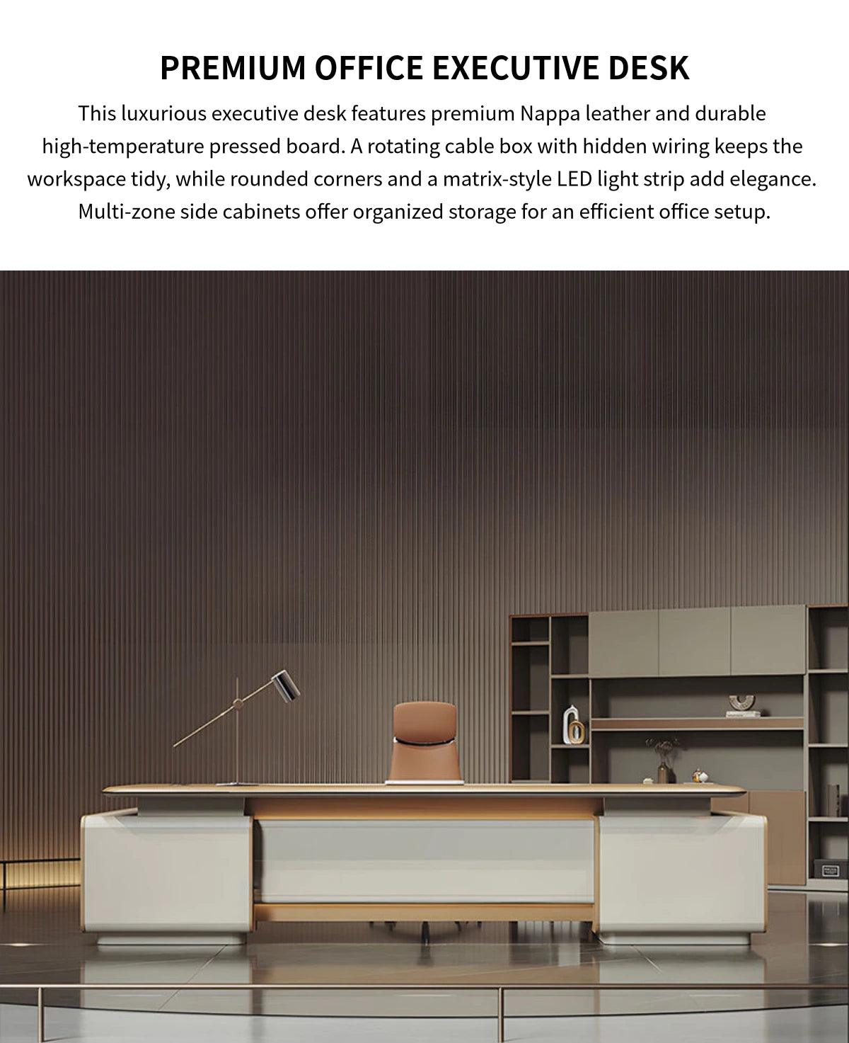 Modern Executive Desk 94-126 in Wide with Cable Management, LED Lighting & Genuine Leather — Detail image 1