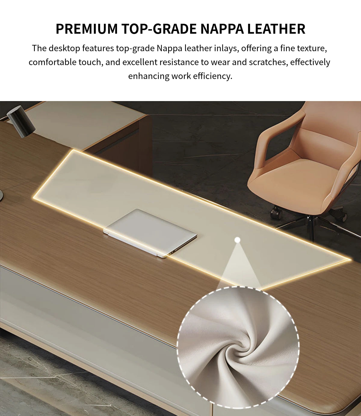Modern Executive Desk 94-126 in Wide with Cable Management, LED Lighting & Genuine Leather — Detail image 3