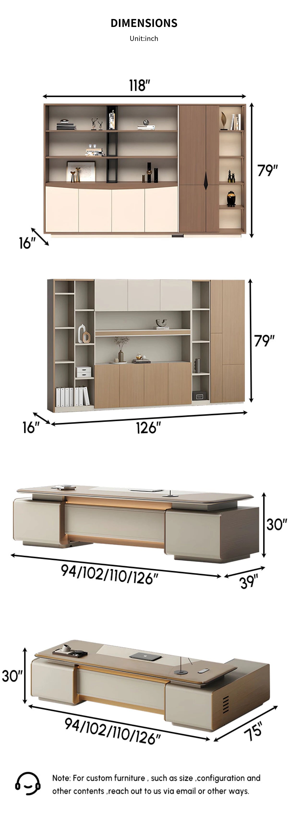 Modern Executive Desk 94-126 in Wide with Cable Management, LED Lighting & Genuine Leather — Detail image 12