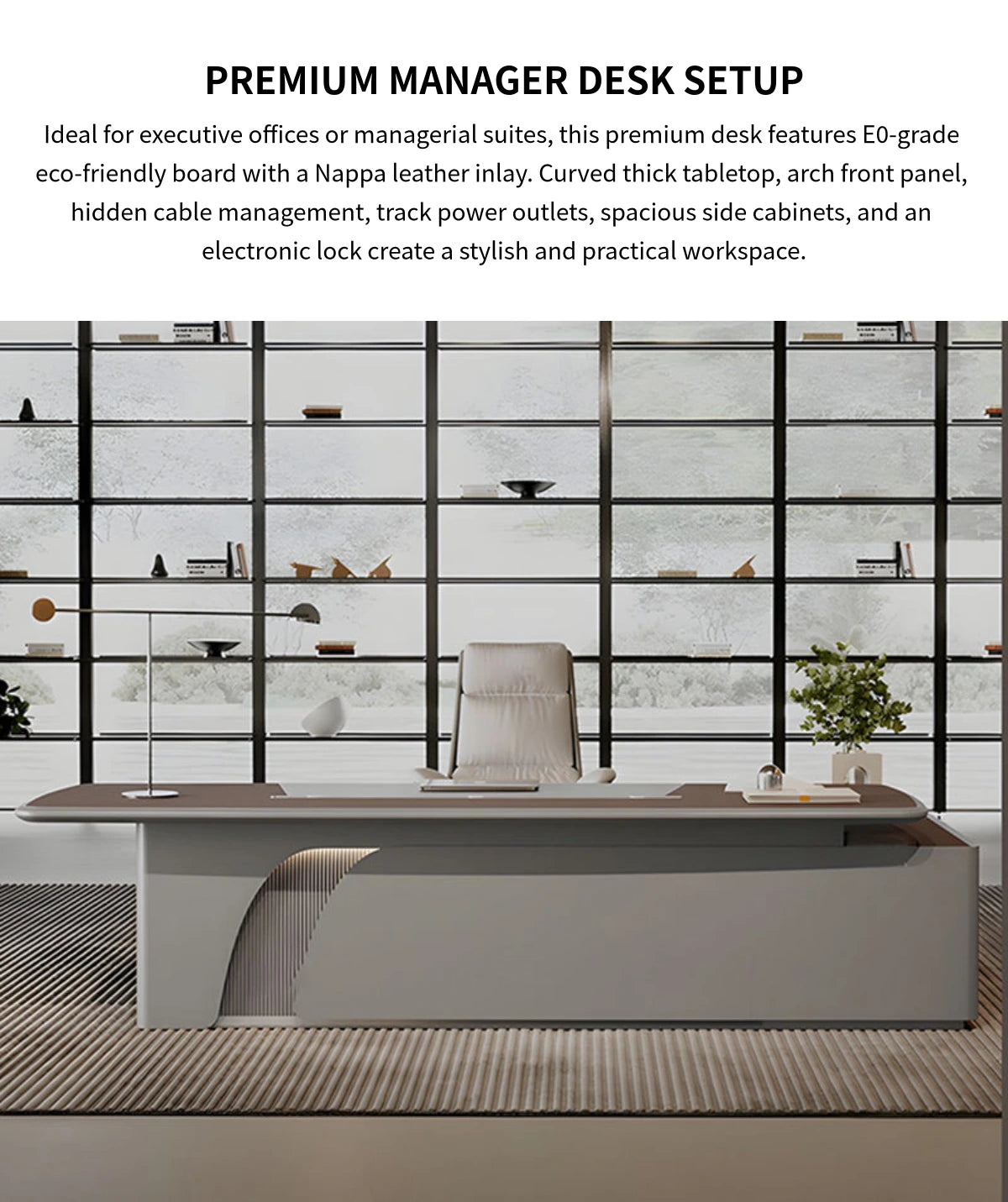 Modern Executive Desk with Genuine Leather, Lockable & Curved for Home Office — Detail image 1