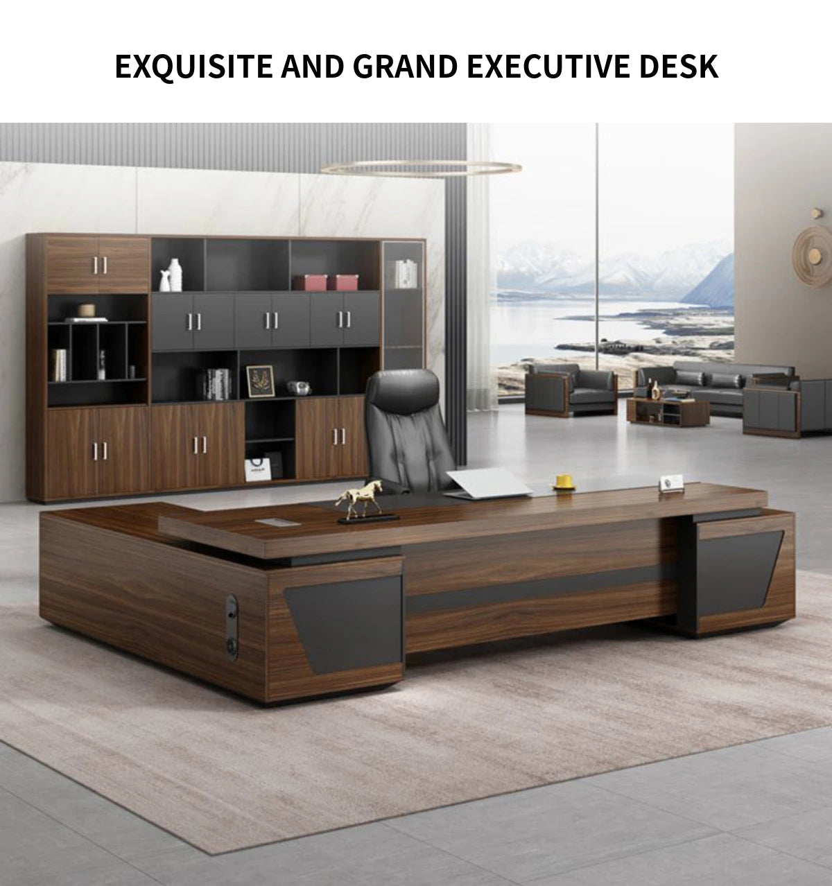 L-Shaped Executive Desk 63-126 in Wide with File Drawers & Side Storage for Home Office — Detail image 1