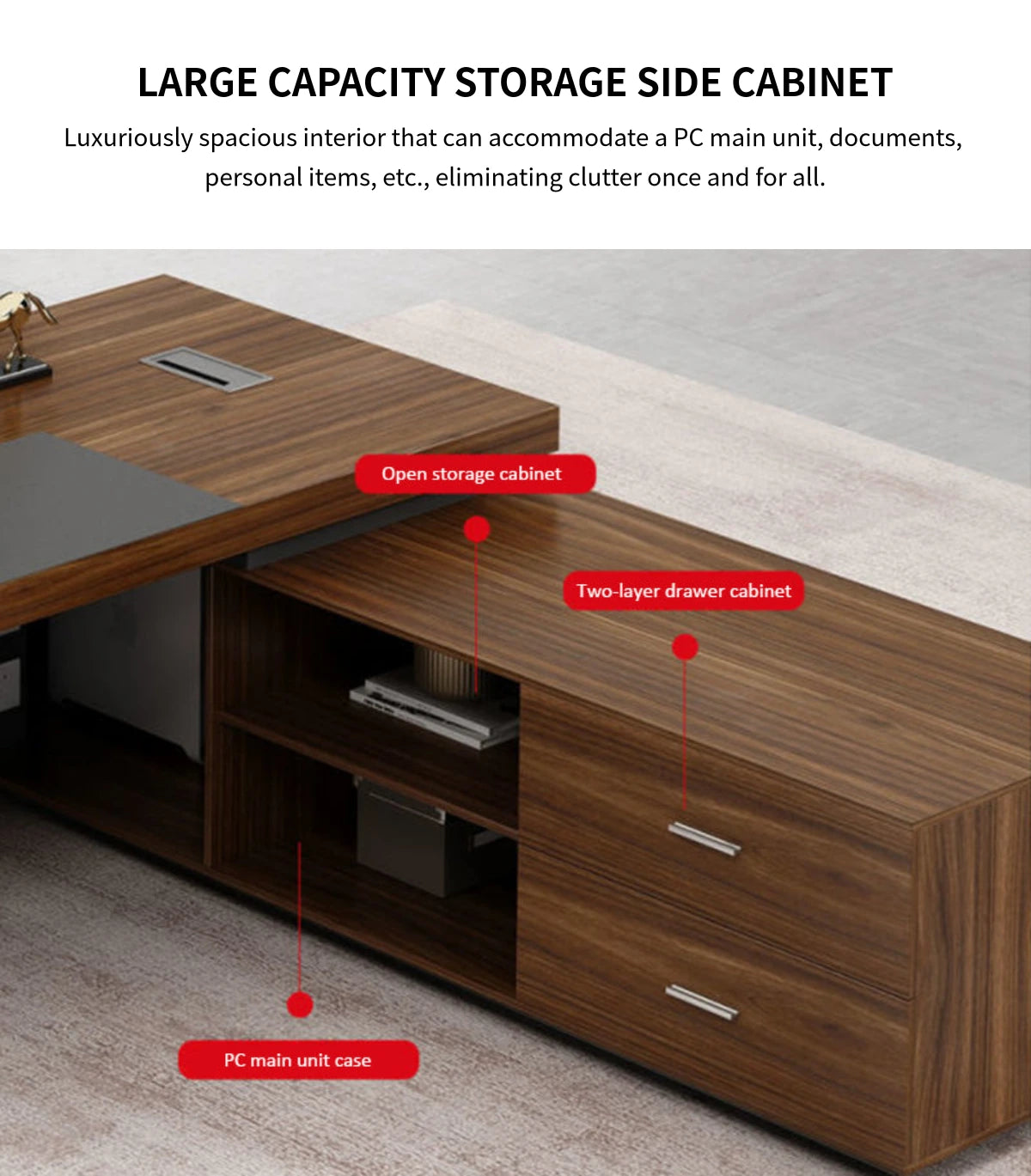 L-Shaped Executive Desk 63-126 in Wide with File Drawers & Side Storage for Home Office — Detail image 6