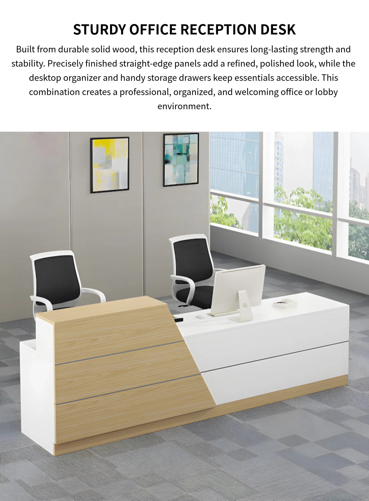 Modern Reception Desk with Dual-Tone, Solid Wood & File Drawers for Office Lobby — Detail image 1