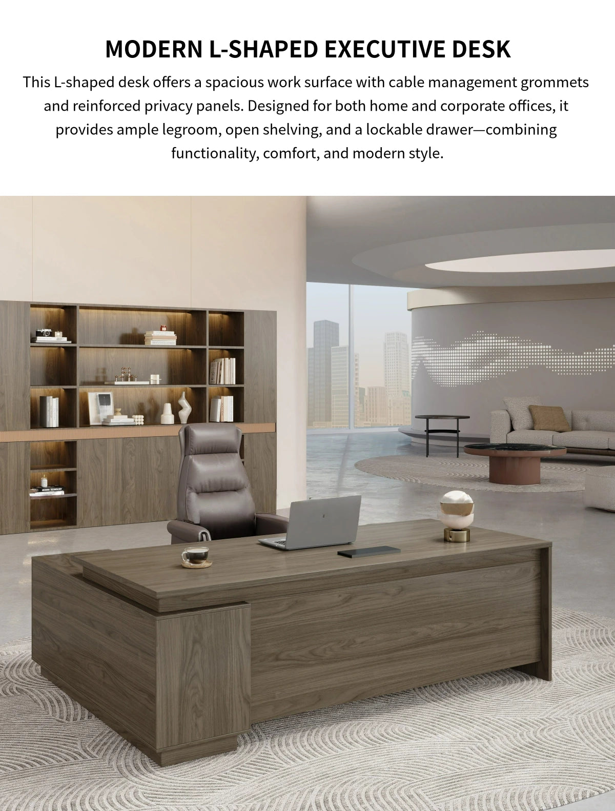 L-Shaped Executive Desk 63 in Wide with Privacy Panel, Cable Management & Side Storage — Detail image 1