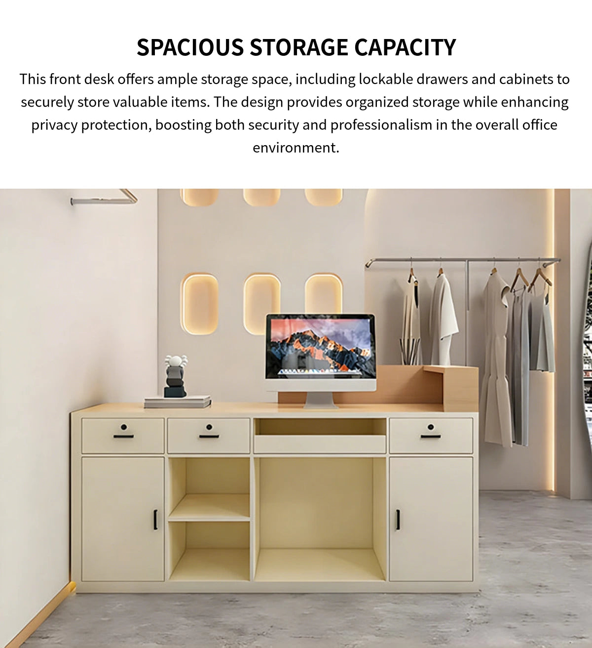 Curved Reception Desk 31-102 in Wide with LED Lighting, Lockable & File Drawers for Salon — Detail image 6