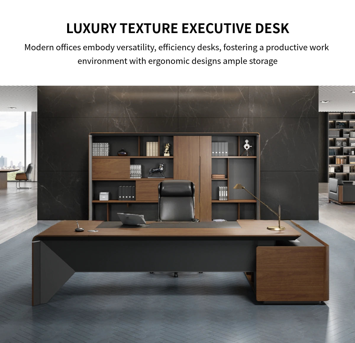 L-Shaped Executive Desk 94-142 in Wide with File Drawers & Lumbar Support for Home Office — Detail image 1