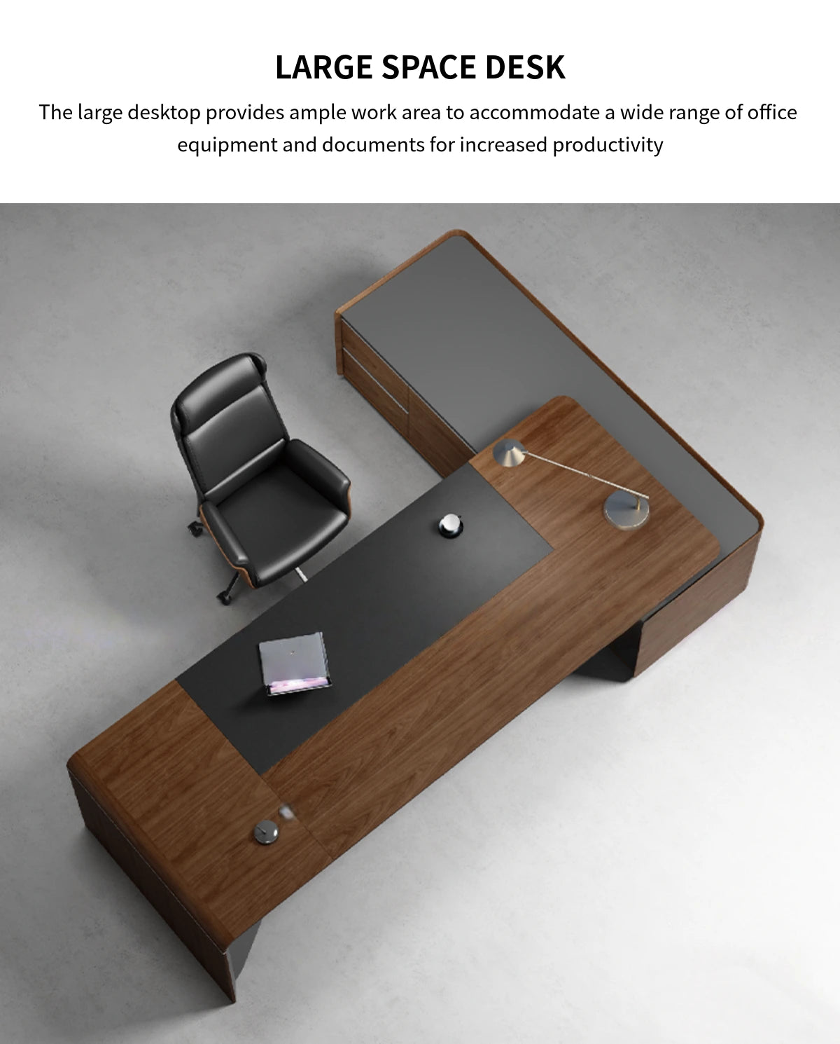 L-Shaped Executive Desk 94-142 in Wide with File Drawers & Lumbar Support for Home Office — Detail image 2