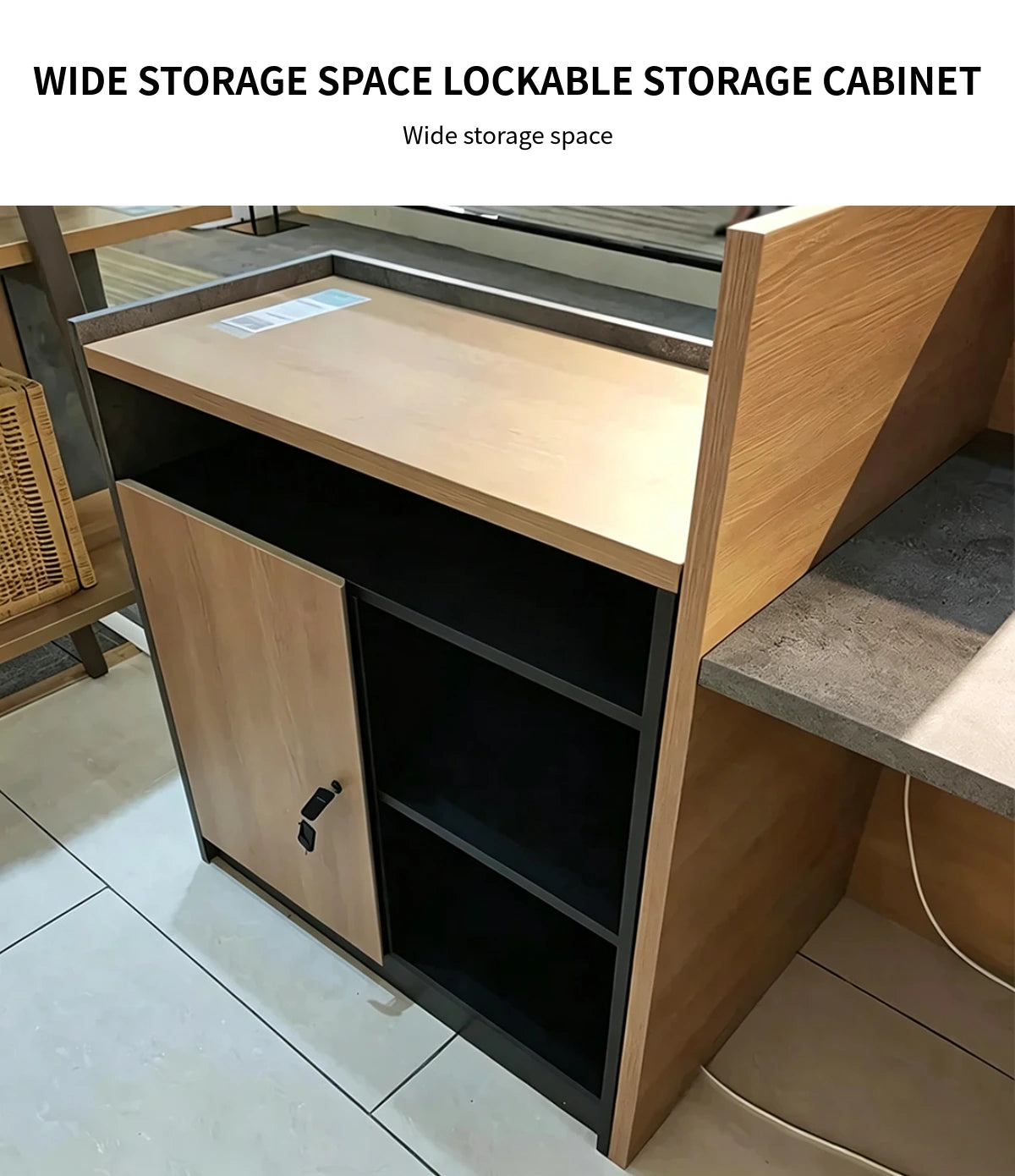 Modern Reception Desk 71-94 in Wide with LED Lighting, Lockable & Loft for Office Lobby — Detail image 6