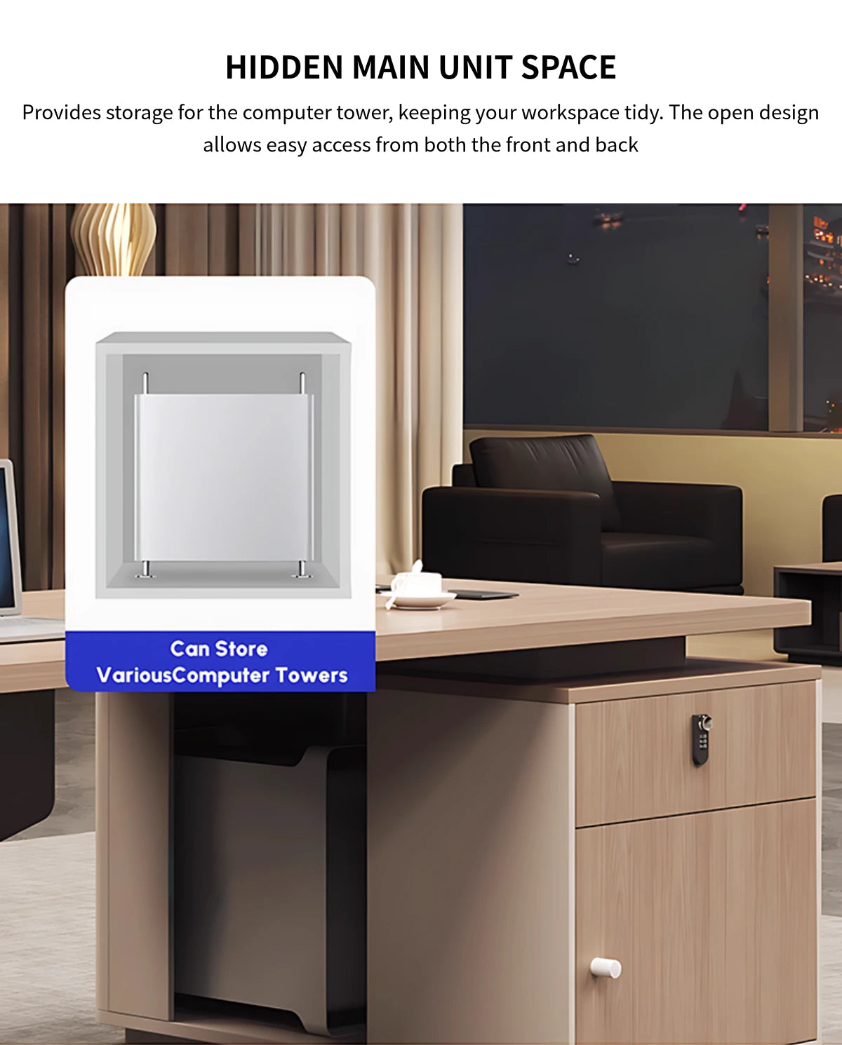 Modern Executive Desk 55-94 in Wide with Cable Management, Side Storage & Built-In Outlets — Detail image 7