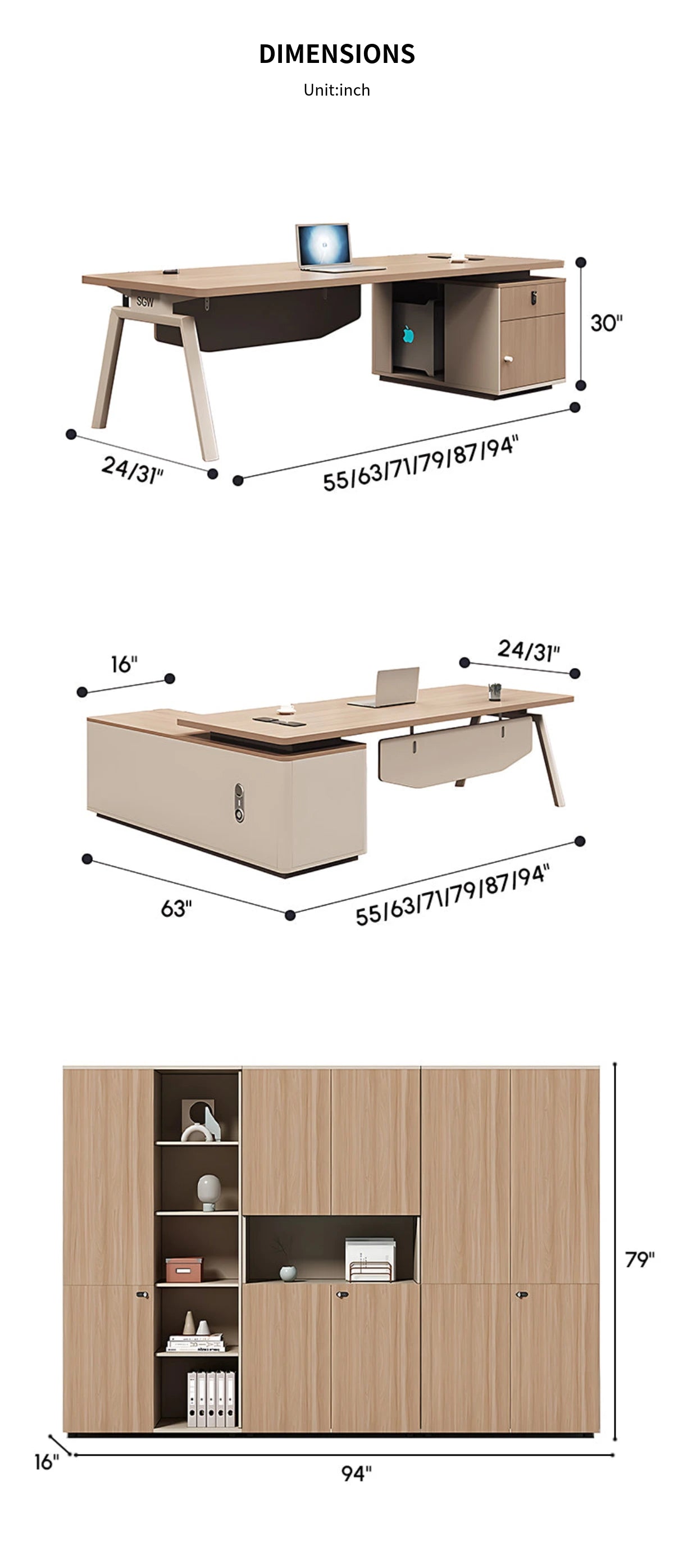 Modern Executive Desk 55-94 in Wide with Cable Management, Side Storage & Built-In Outlets — Detail image 13