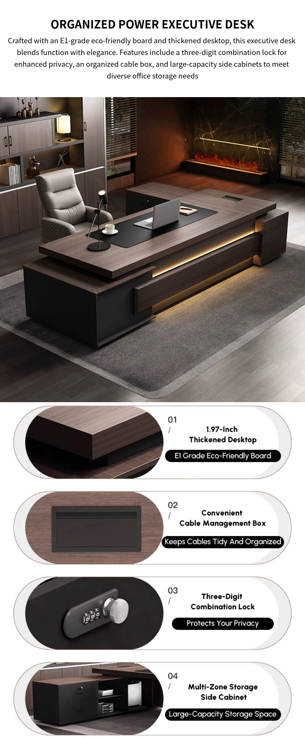 Modern Executive Desk with Cable Management, Side Storage & Lockable for Home Office — Detail image 1